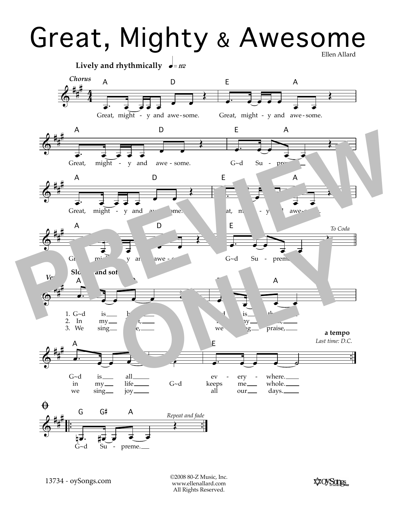Download Ellen Allard Great Mighty and Awesome Sheet Music and learn how to play Melody Line, Lyrics & Chords PDF digital score in minutes