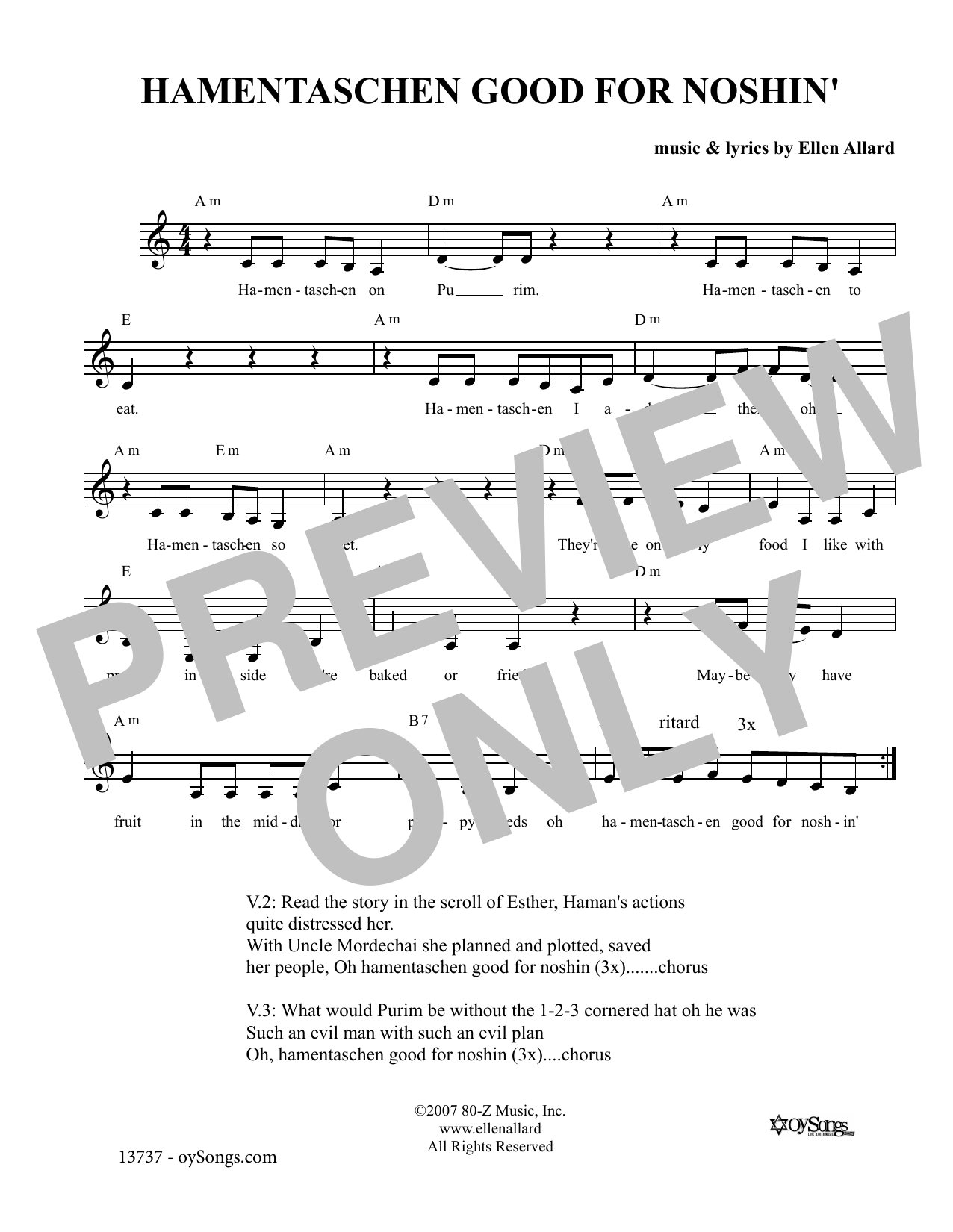 Download Ellen Allard Hamentaschen Good For Noshin Sheet Music and learn how to play Melody Line, Lyrics & Chords PDF digital score in minutes