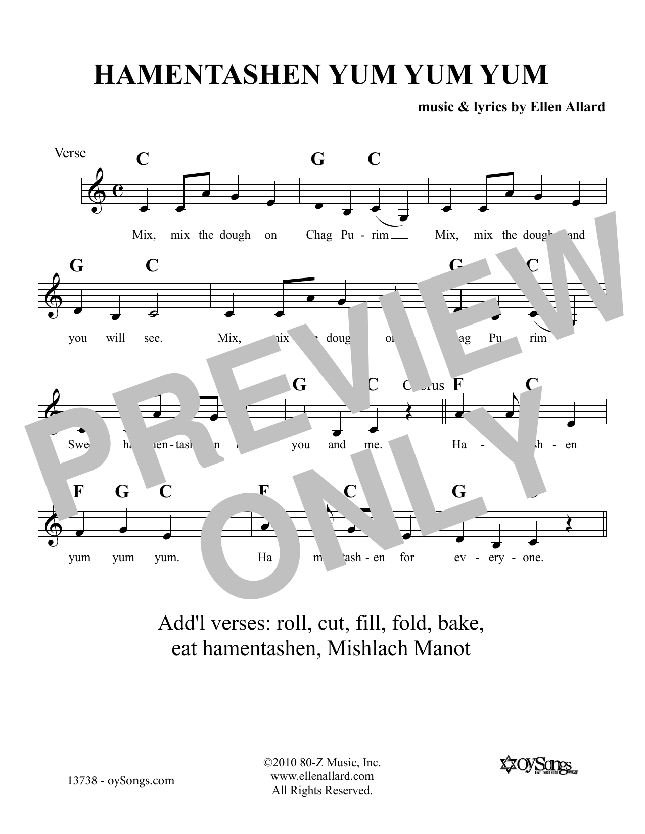 Download Ellen Allard Hamentashen Yum Yum Yum Sheet Music and learn how to play Melody Line, Lyrics & Chords PDF digital score in minutes