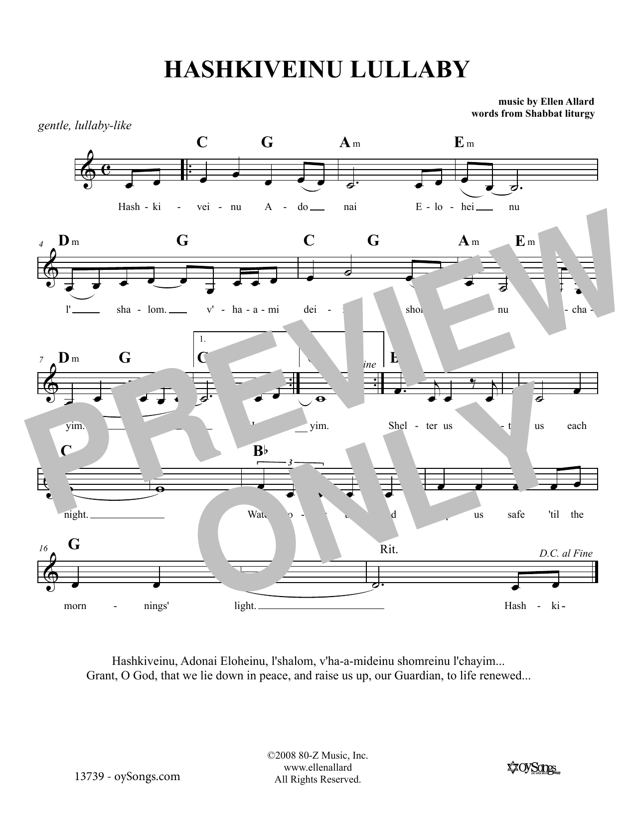 Download Ellen Allard Hashkiveinu Lullaby Sheet Music and learn how to play Melody Line, Lyrics & Chords PDF digital score in minutes