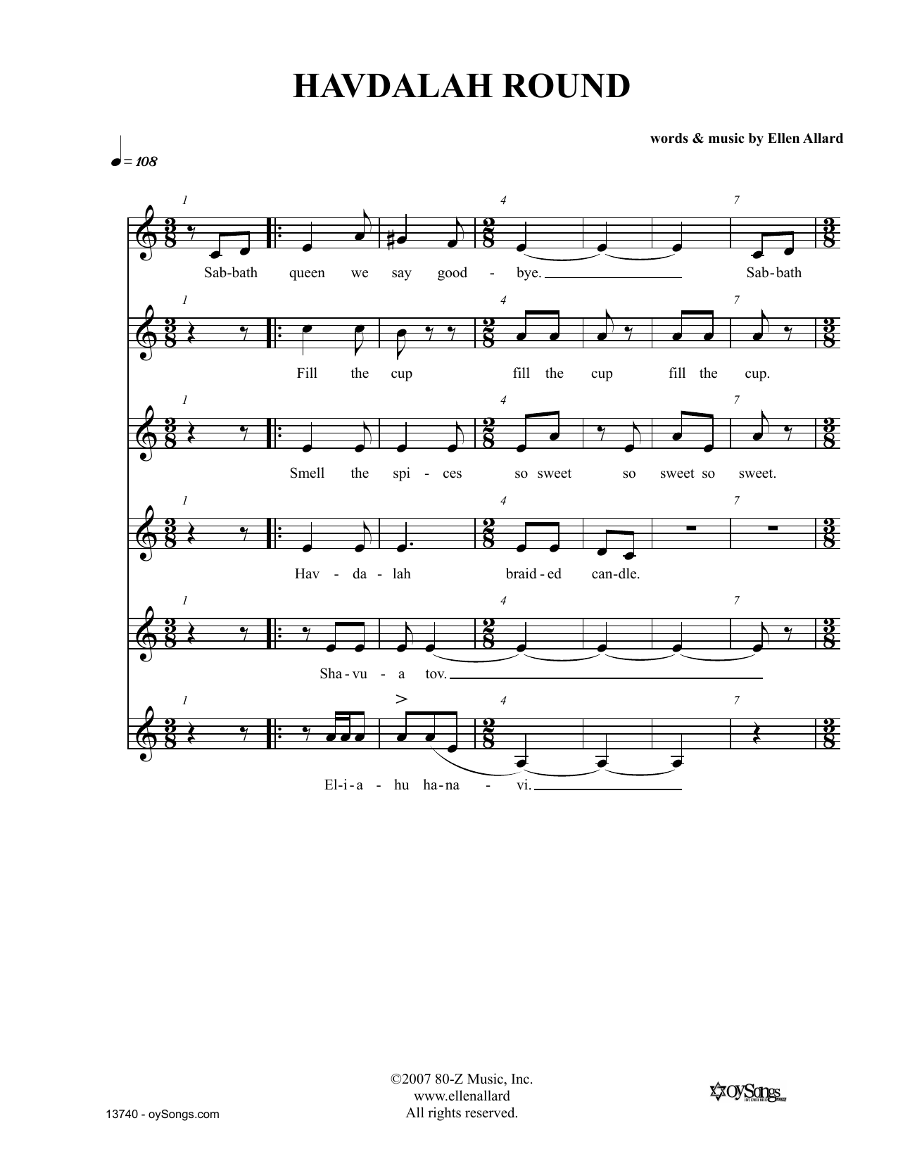 Download Ellen Allard Havdalah Round Sheet Music and learn how to play Melody Line, Lyrics & Chords PDF digital score in minutes