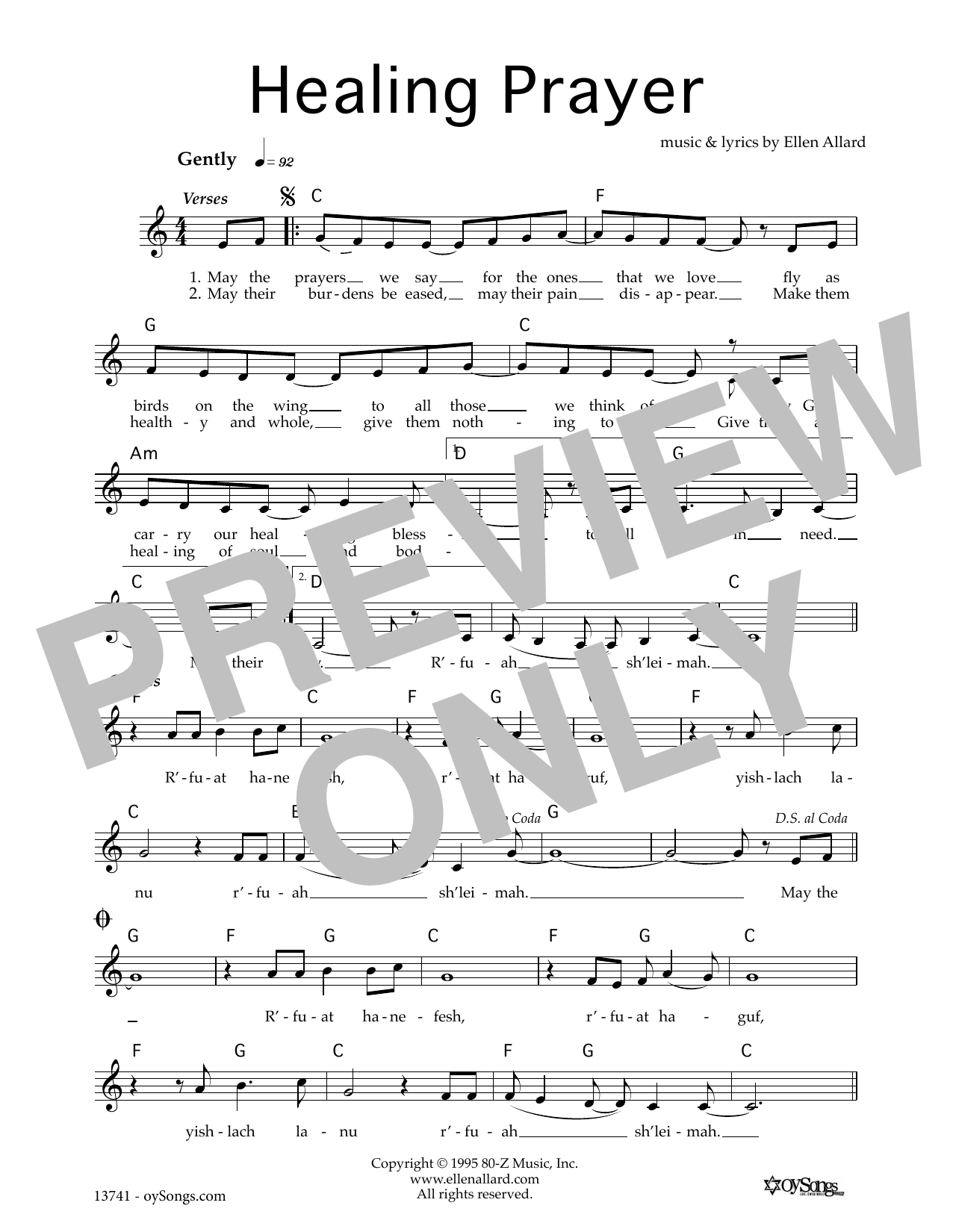 Download Ellen Allard Healing Prayer Sheet Music and learn how to play Melody Line, Lyrics & Chords PDF digital score in minutes