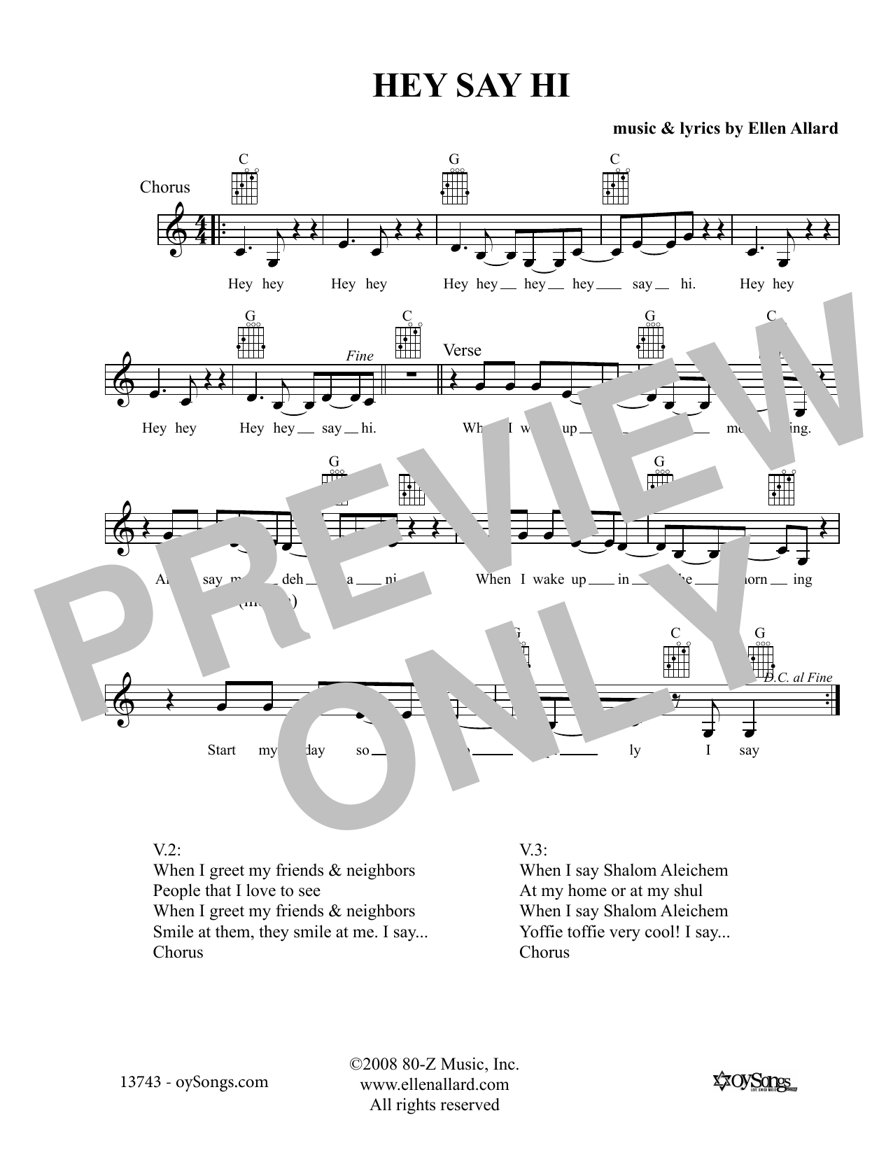 Download Ellen Allard Hey Say Hi Sheet Music and learn how to play Melody Line, Lyrics & Chords PDF digital score in minutes