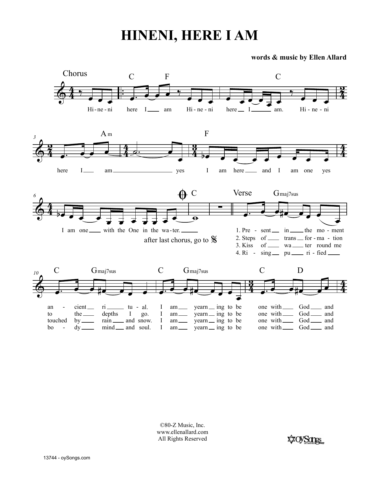 Download Ellen Allard Hineni Here I Am Sheet Music and learn how to play Melody Line, Lyrics & Chords PDF digital score in minutes
