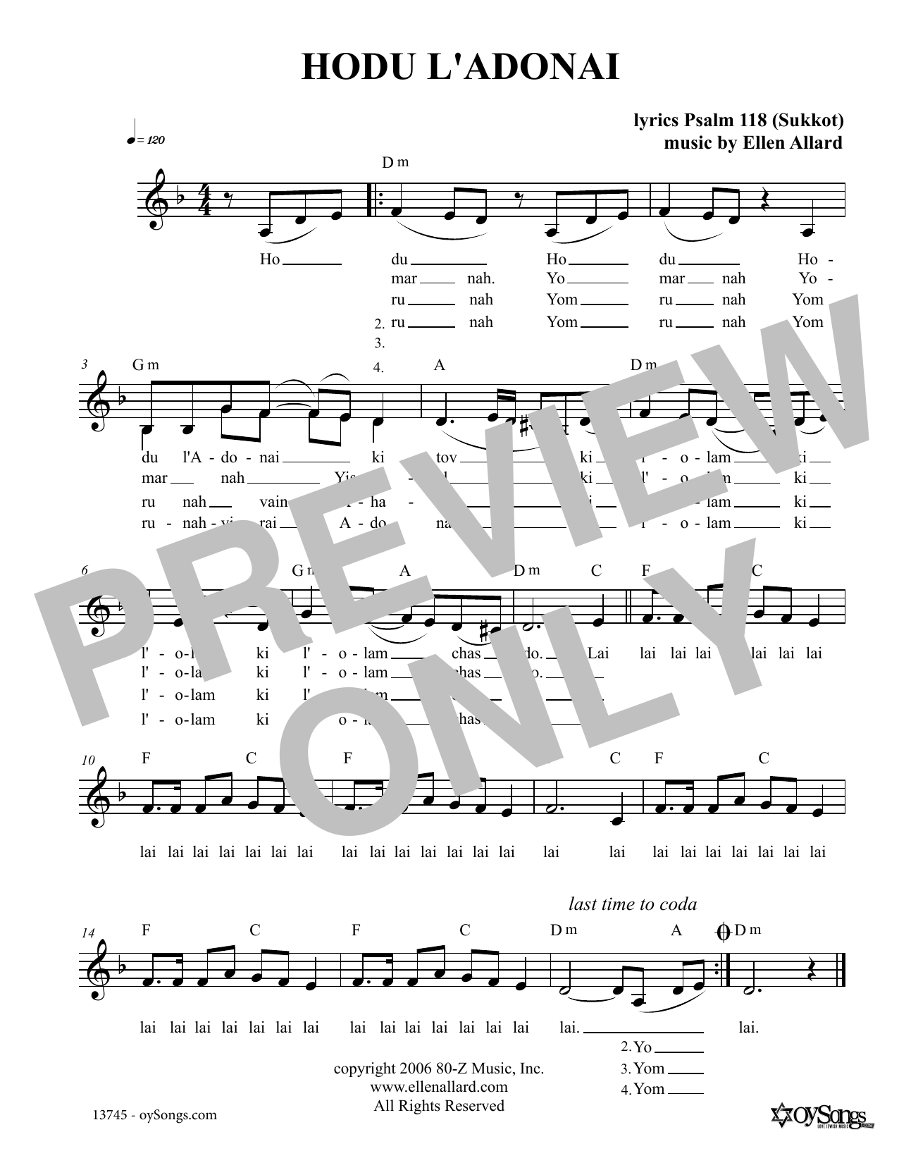 Download Ellen Allard Hodu L'Adonai Sheet Music and learn how to play Melody Line, Lyrics & Chords PDF digital score in minutes