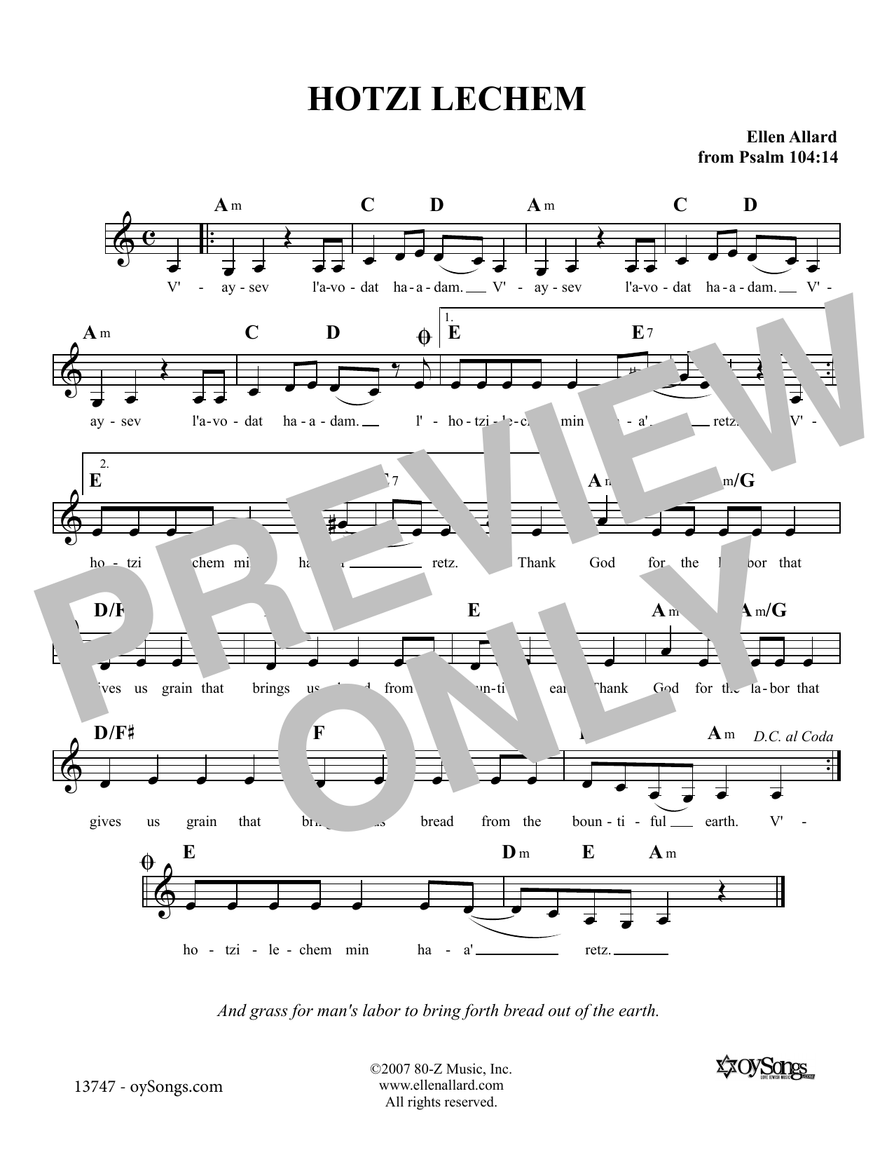 Download Ellen Allard Hotzi Lechem Sheet Music and learn how to play Melody Line, Lyrics & Chords PDF digital score in minutes