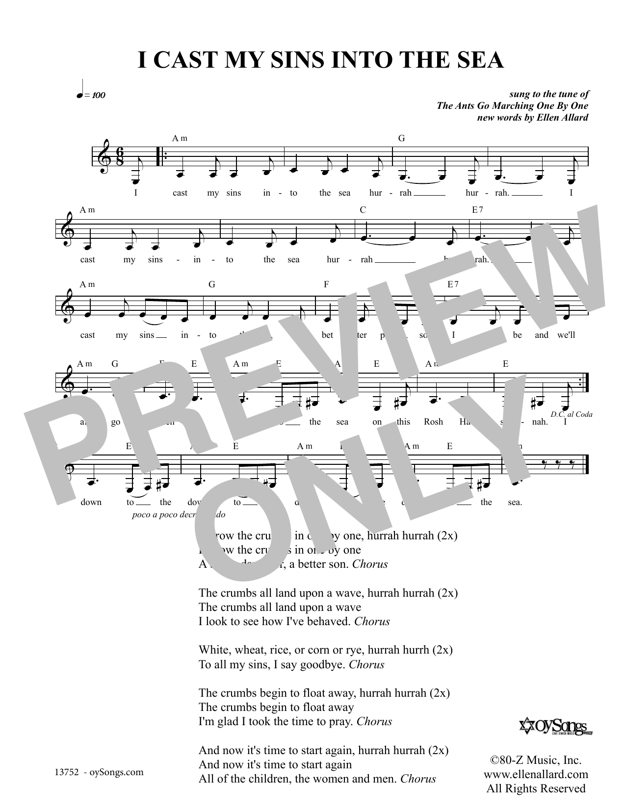 Download Ellen Allard I Cast My Sins Into The Sea Sheet Music and learn how to play Melody Line, Lyrics & Chords PDF digital score in minutes