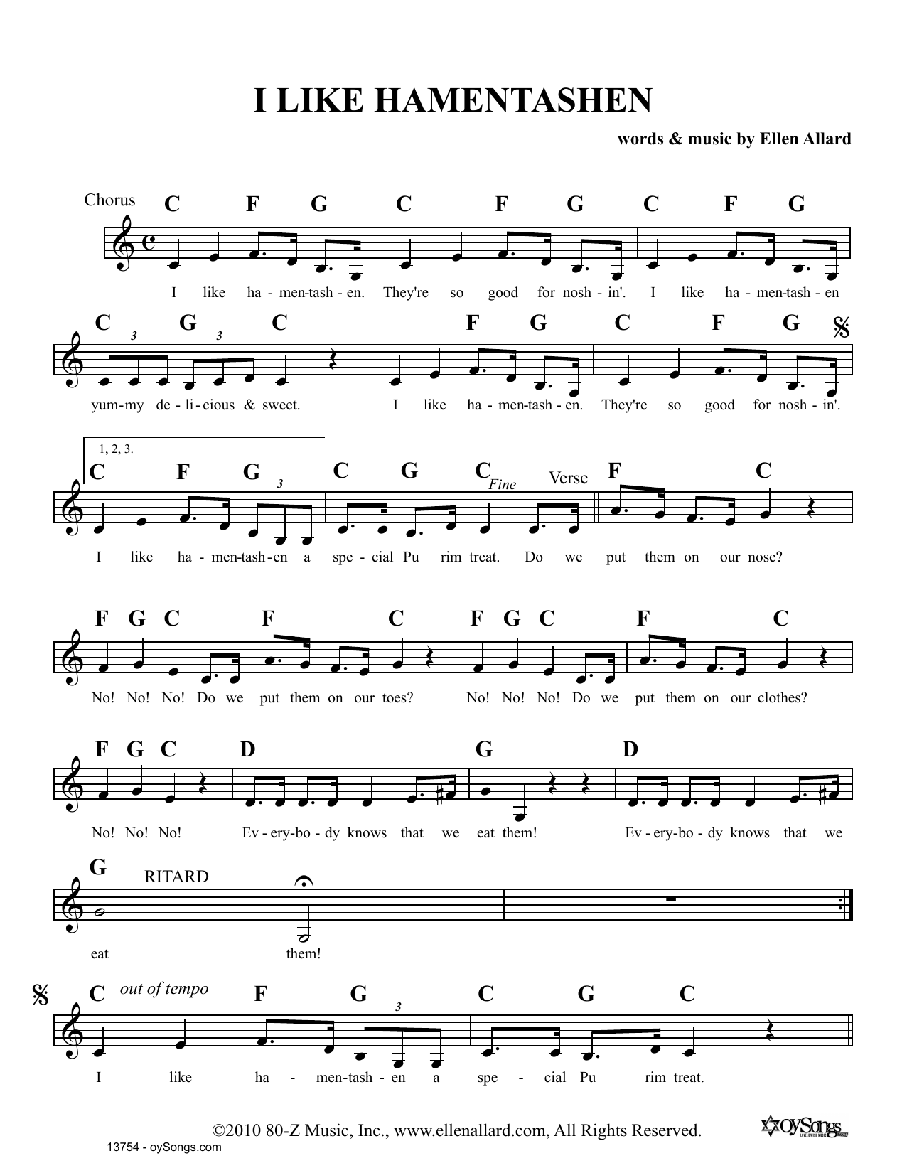 Download Ellen Allard I Like Hamentashen Sheet Music and learn how to play Melody Line, Lyrics & Chords PDF digital score in minutes