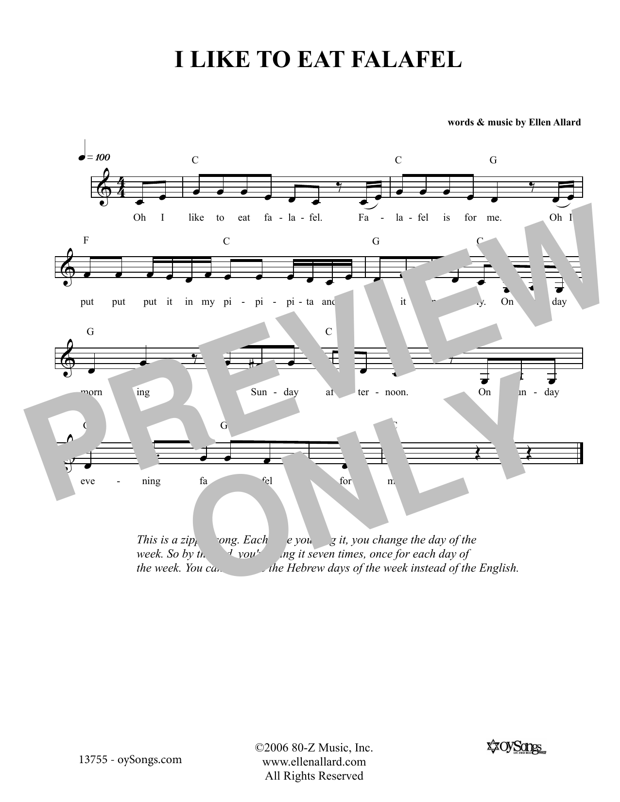 Download Ellen Allard I Like To Eat Felafel Sheet Music and learn how to play Melody Line, Lyrics & Chords PDF digital score in minutes