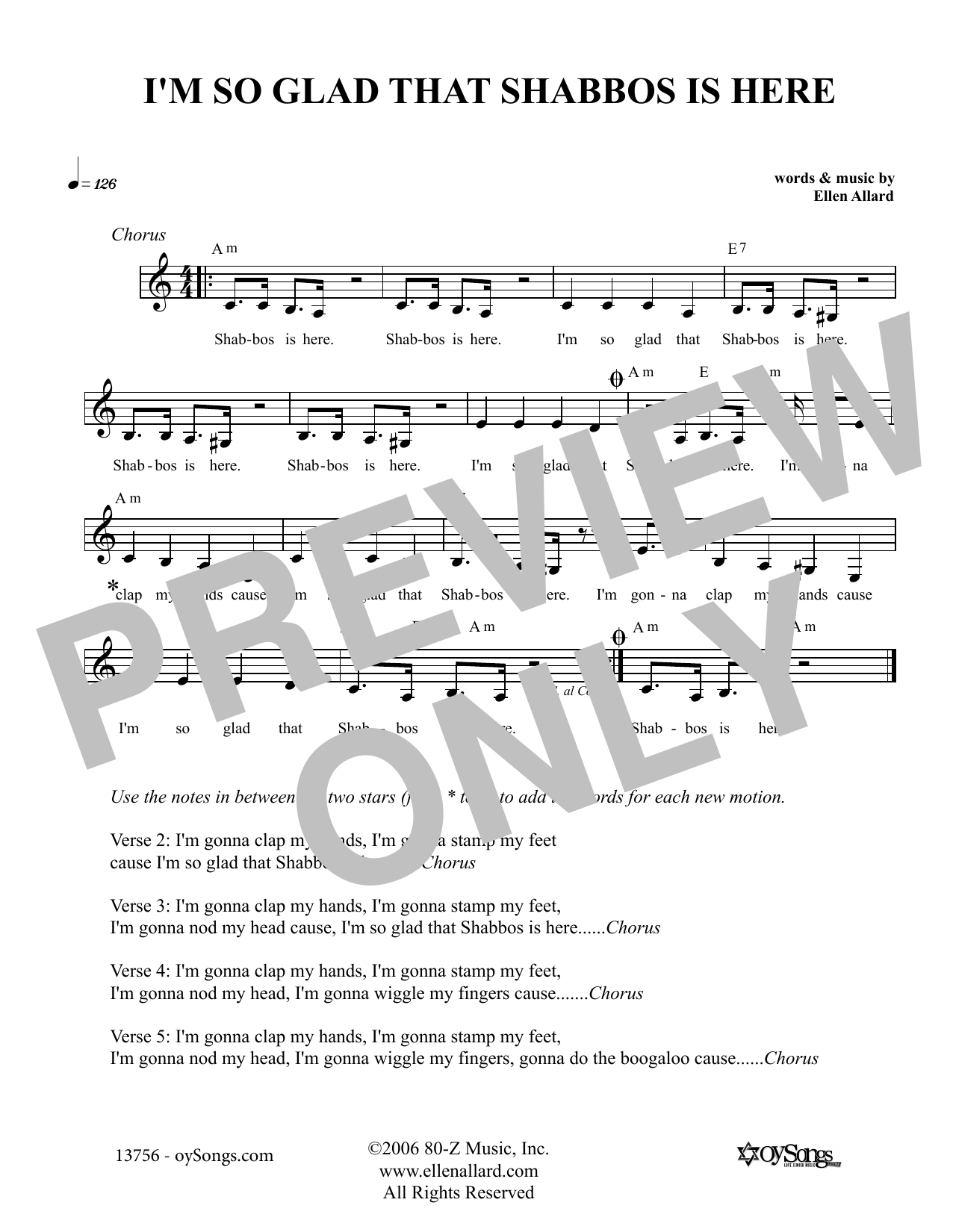 Download Ellen Allard I'm So Glad That Shabbos Is Here Sheet Music and learn how to play Melody Line, Lyrics & Chords PDF digital score in minutes