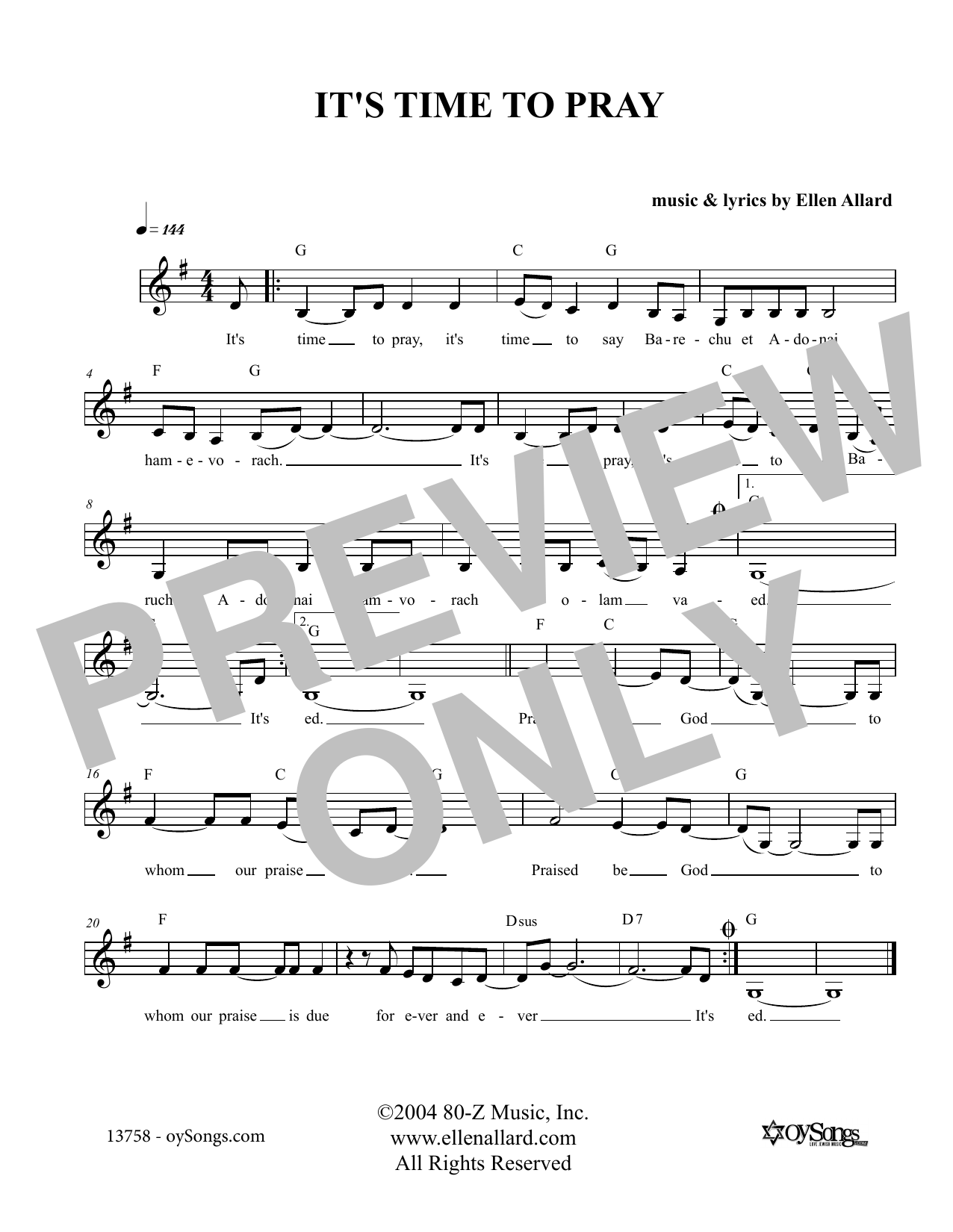 Download Ellen Allard It's Time To Pray Sheet Music and learn how to play Melody Line, Lyrics & Chords PDF digital score in minutes