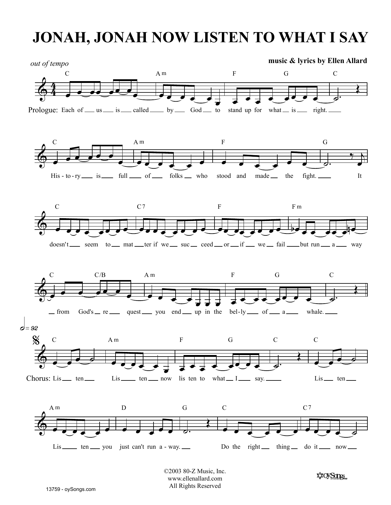 Download Ellen Allard Jonah Listen To What I Say Sheet Music and learn how to play Melody Line, Lyrics & Chords PDF digital score in minutes
