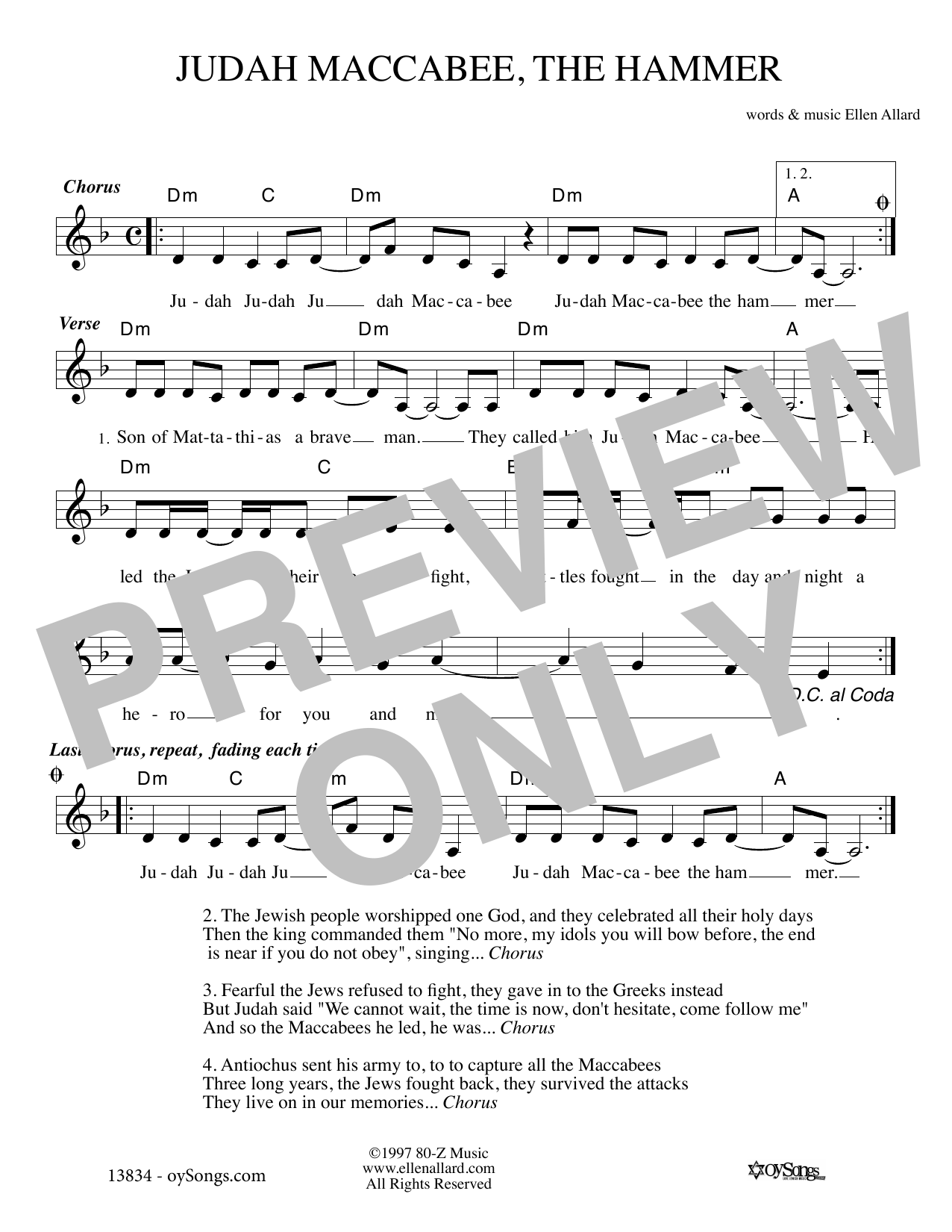 Download Ellen Allard Judah Macabee Sheet Music and learn how to play Melody Line, Lyrics & Chords PDF digital score in minutes