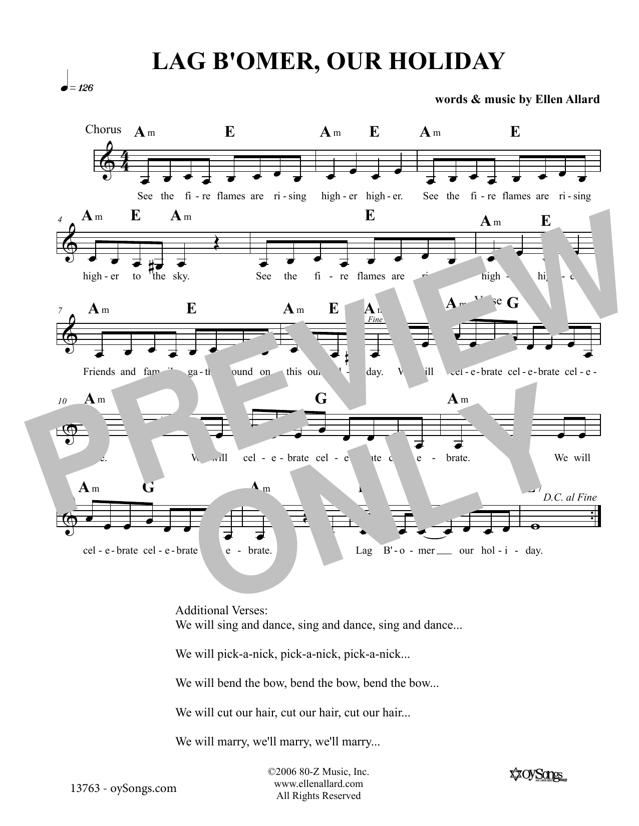 Download Ellen Allard Lag B'omer Our Holiday Sheet Music and learn how to play Melody Line, Lyrics & Chords PDF digital score in minutes
