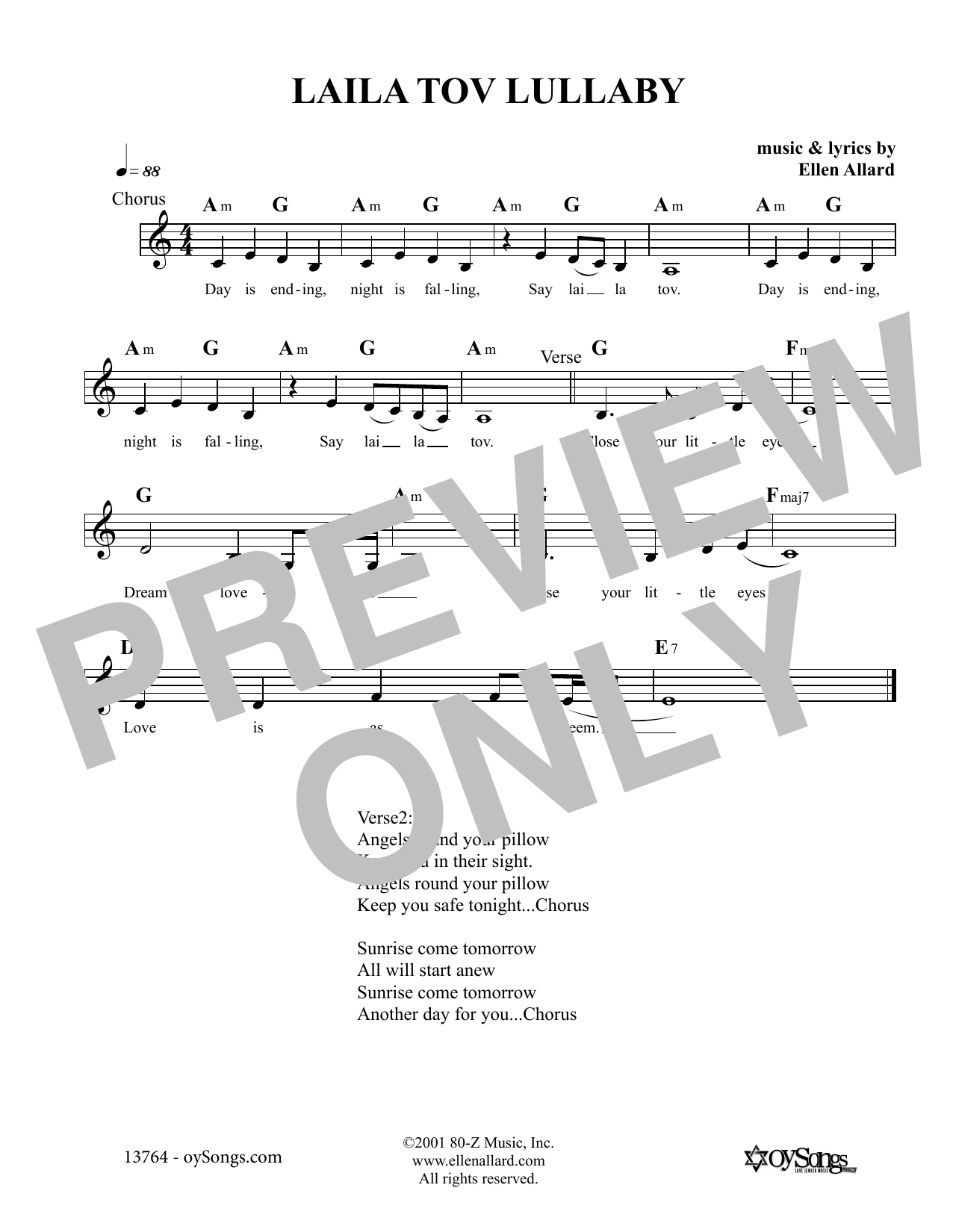 Download Ellen Allard Laila Tov Lullaby Sheet Music and learn how to play Melody Line, Lyrics & Chords PDF digital score in minutes