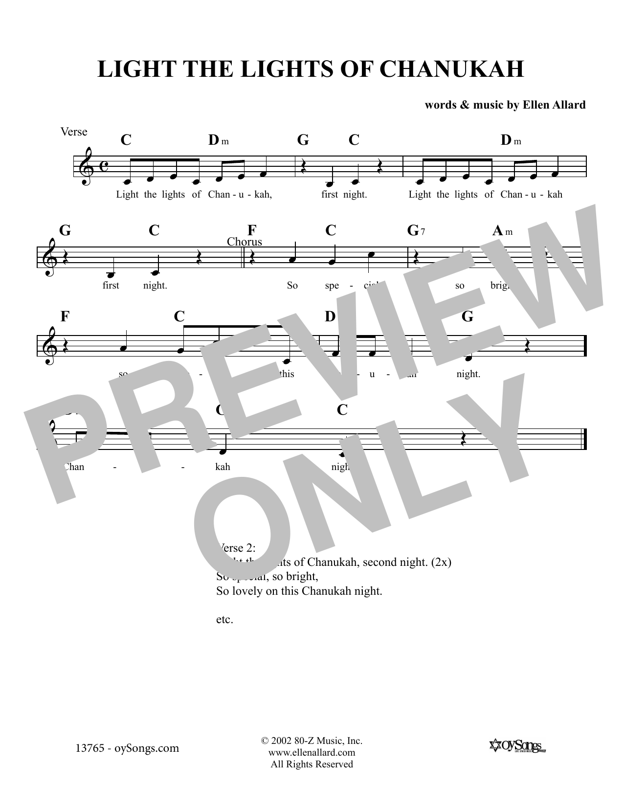 Download Ellen Allard Light The Lights Of Chanukah Sheet Music and learn how to play Melody Line, Lyrics & Chords PDF digital score in minutes