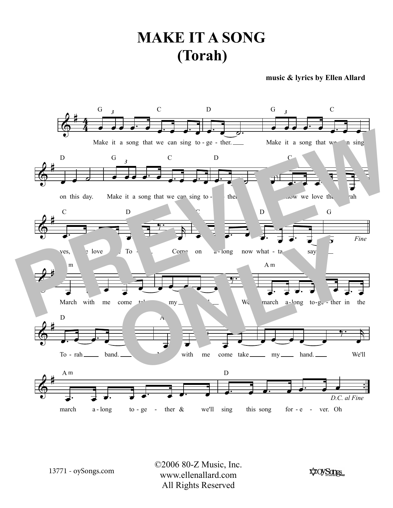 Download Ellen Allard Make It A Song Torah Sheet Music and learn how to play Melody Line, Lyrics & Chords PDF digital score in minutes