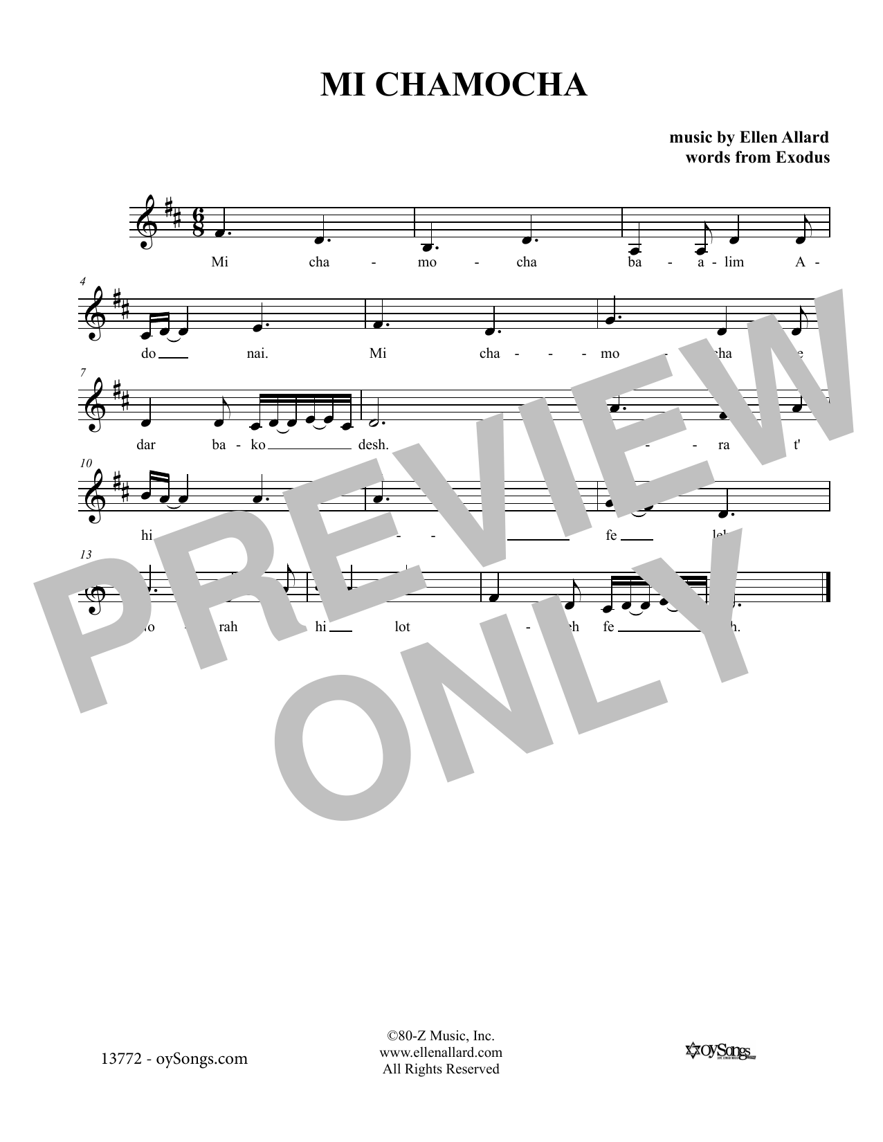 Download Ellen Allard Mi Chamocha Sheet Music and learn how to play Melody Line, Lyrics & Chords PDF digital score in minutes