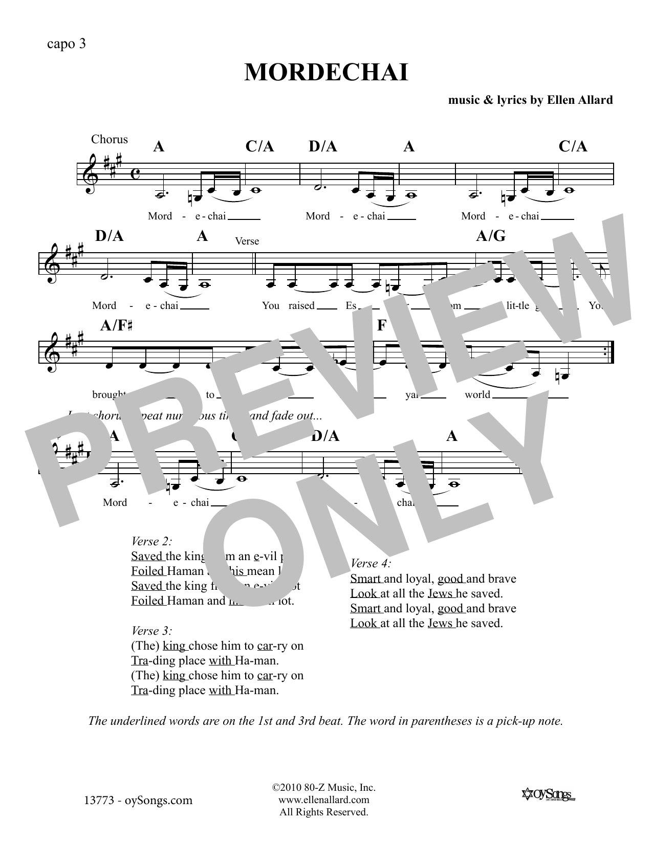 Download Ellen Allard Mordechai Sheet Music and learn how to play Melody Line, Lyrics & Chords PDF digital score in minutes
