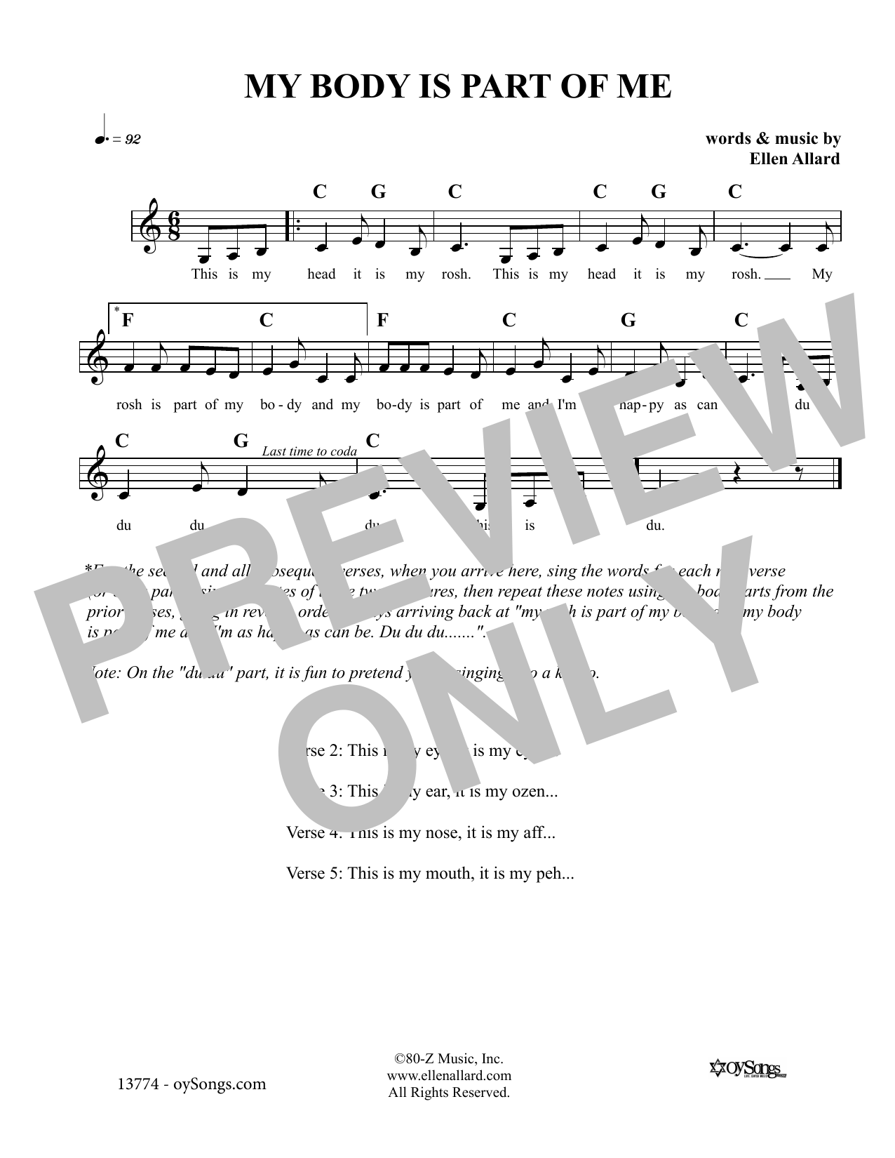 Download Ellen Allard My Body Is Part Of Me Sheet Music and learn how to play Melody Line, Lyrics & Chords PDF digital score in minutes