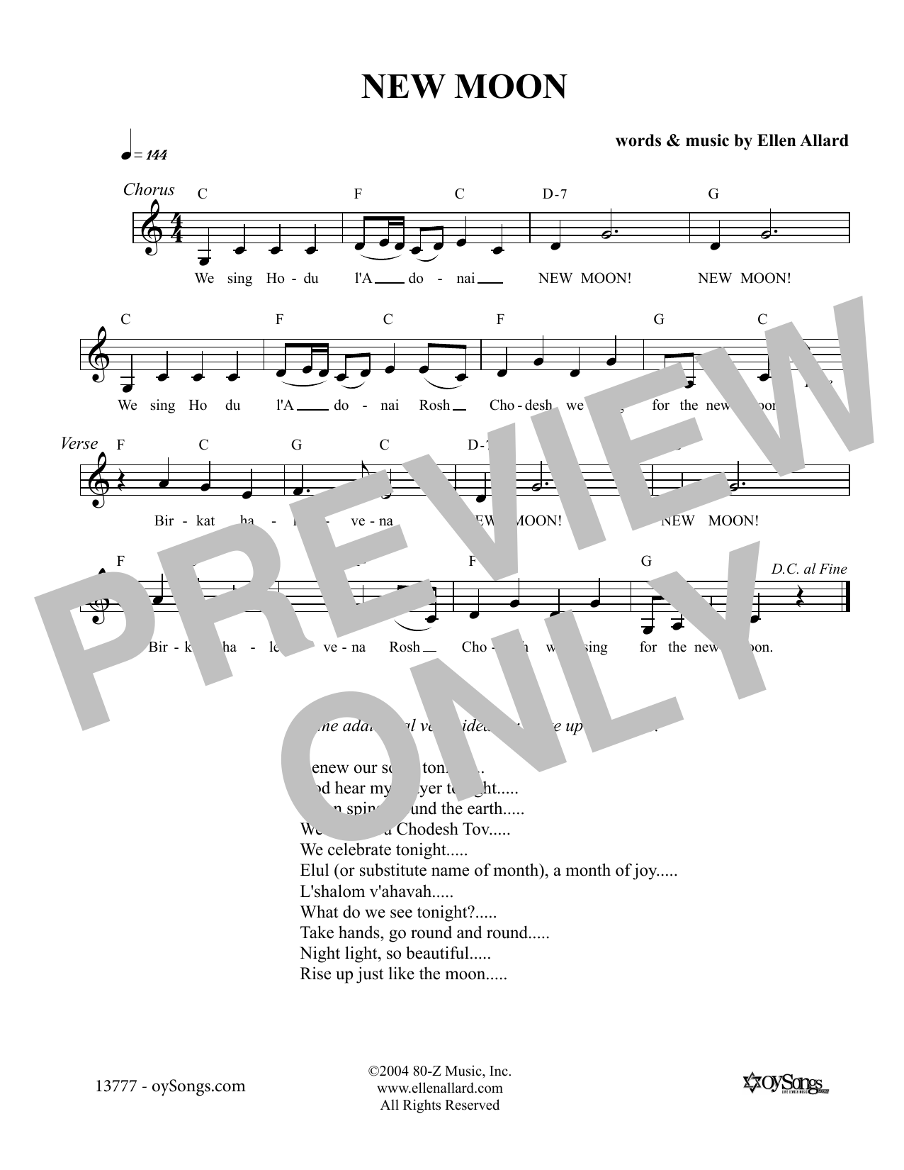 Download Ellen Allard New Moon Sheet Music and learn how to play Melody Line, Lyrics & Chords PDF digital score in minutes