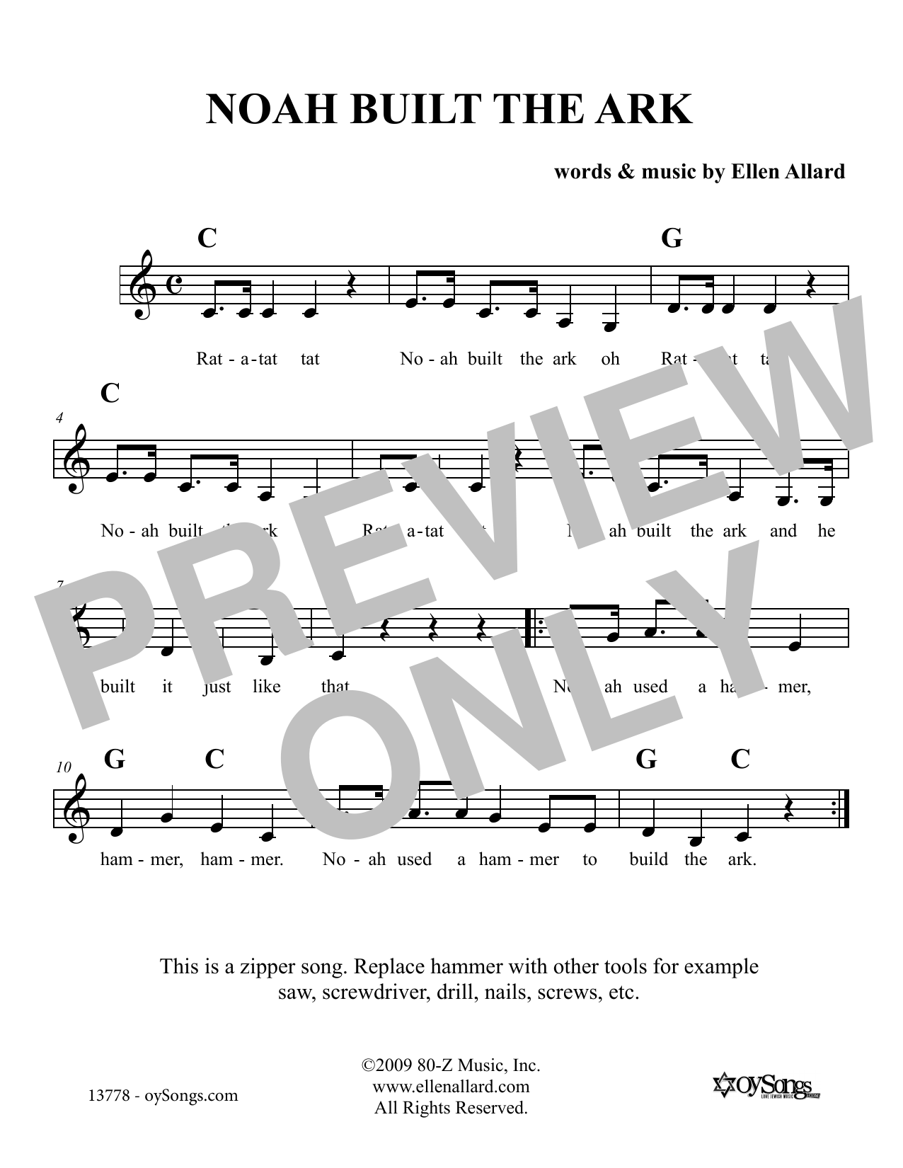 Download Ellen Allard Noah Built The Ark Sheet Music and learn how to play Melody Line, Lyrics & Chords PDF digital score in minutes