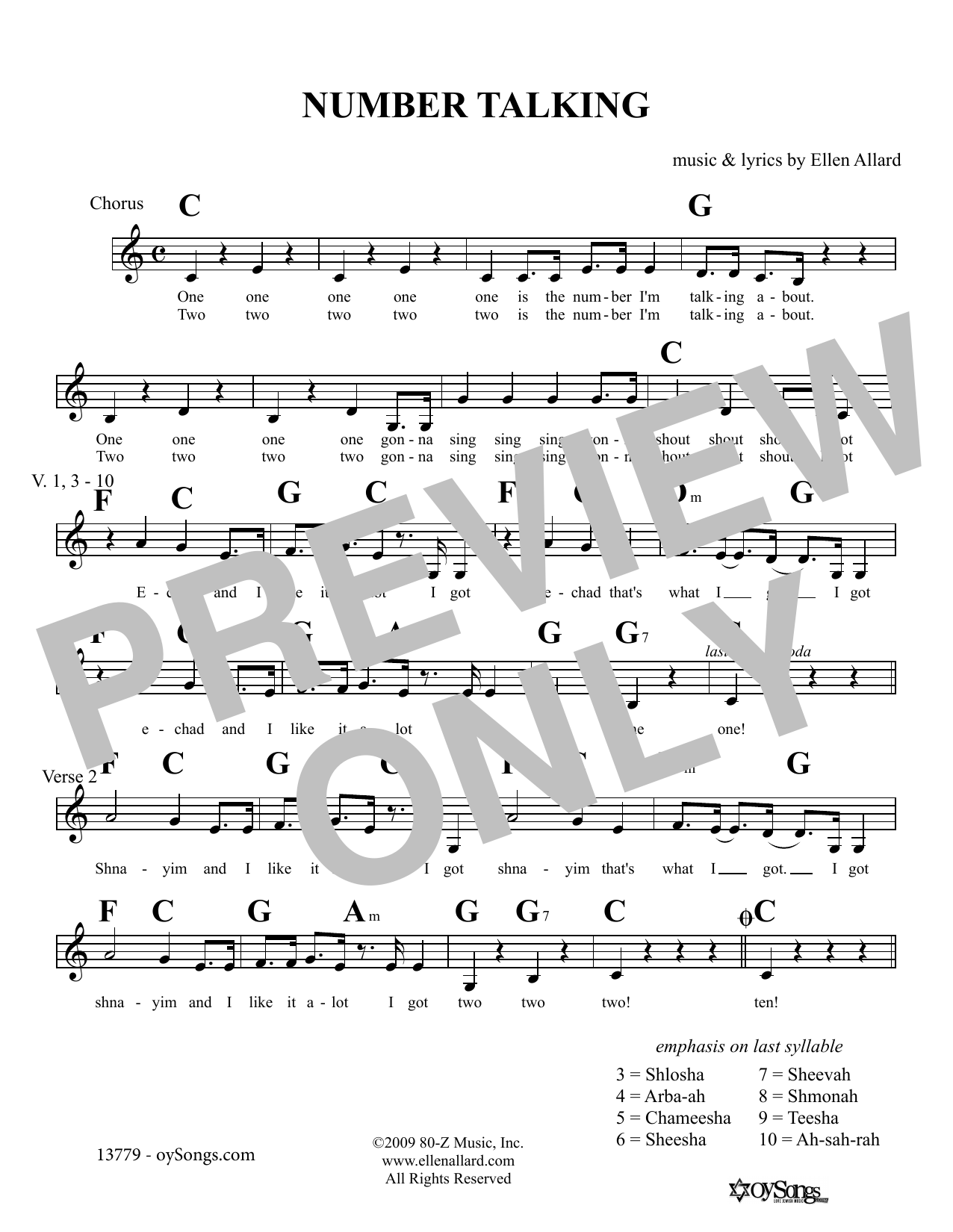 Download Ellen Allard Number Talking Sheet Music and learn how to play Melody Line, Lyrics & Chords PDF digital score in minutes