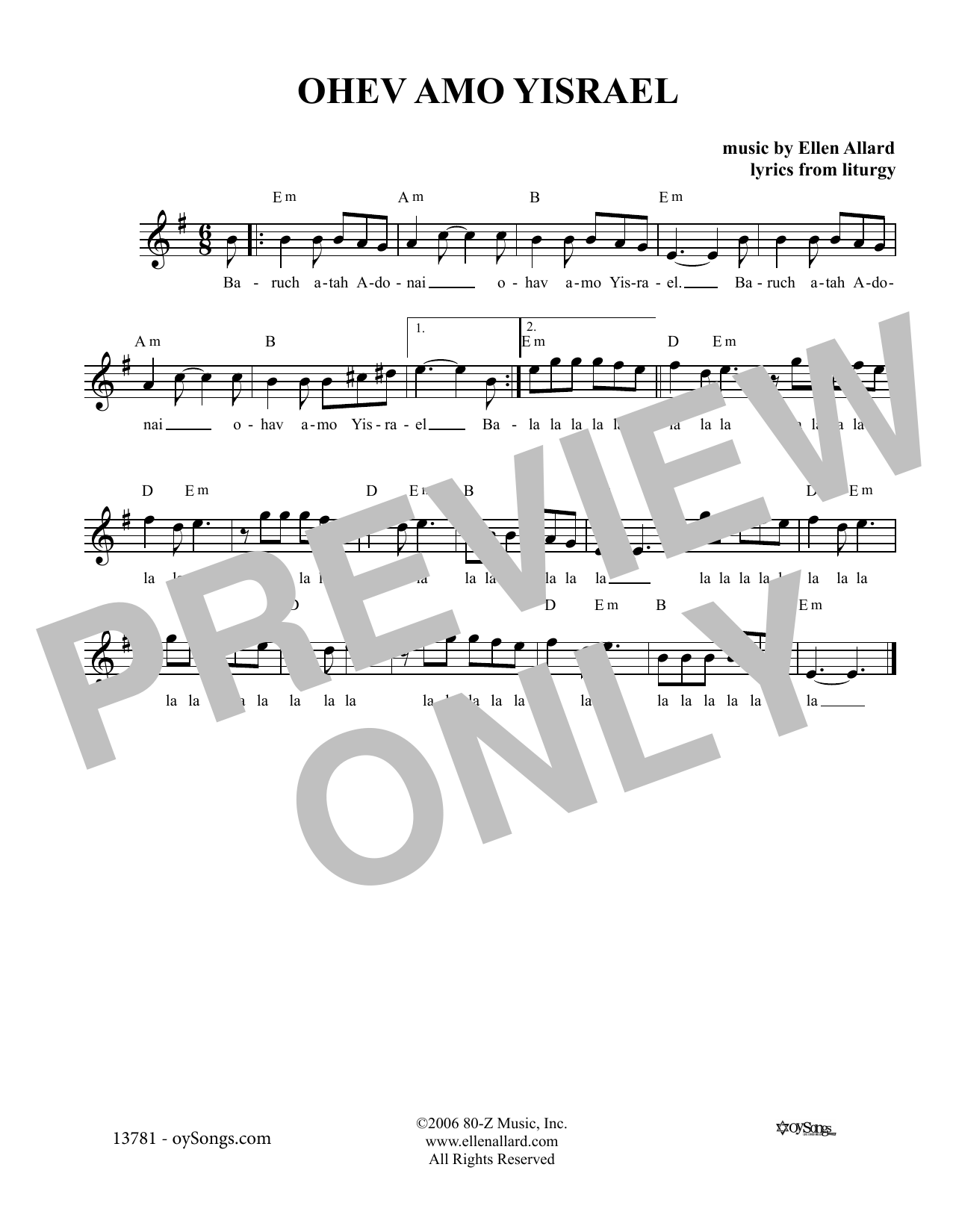Download Ellen Allard Ohev Amo Yisrael Sheet Music and learn how to play Melody Line, Lyrics & Chords PDF digital score in minutes