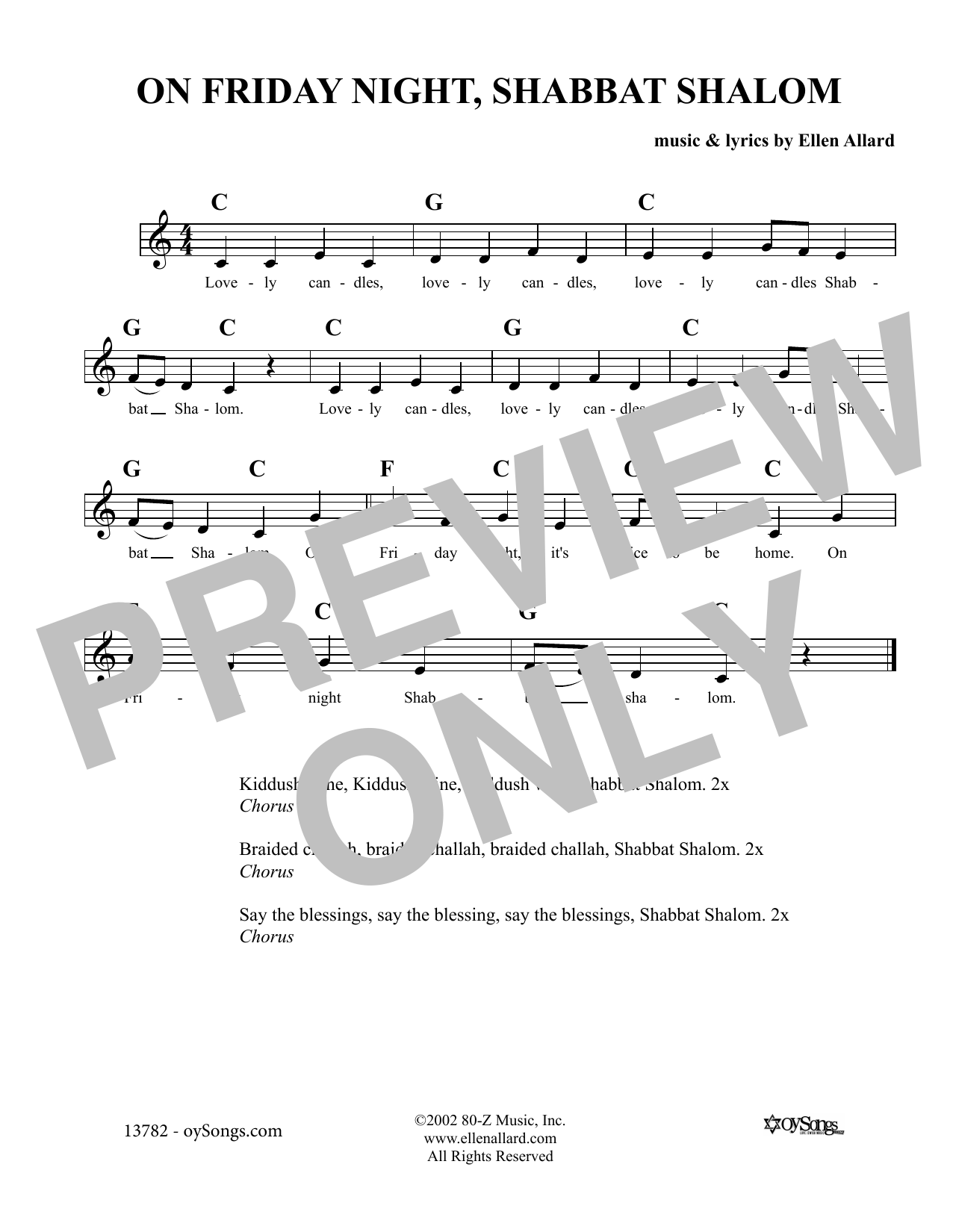 Download Ellen Allard On Friday Night Shabbat Shalom Sheet Music and learn how to play Melody Line, Lyrics & Chords PDF digital score in minutes