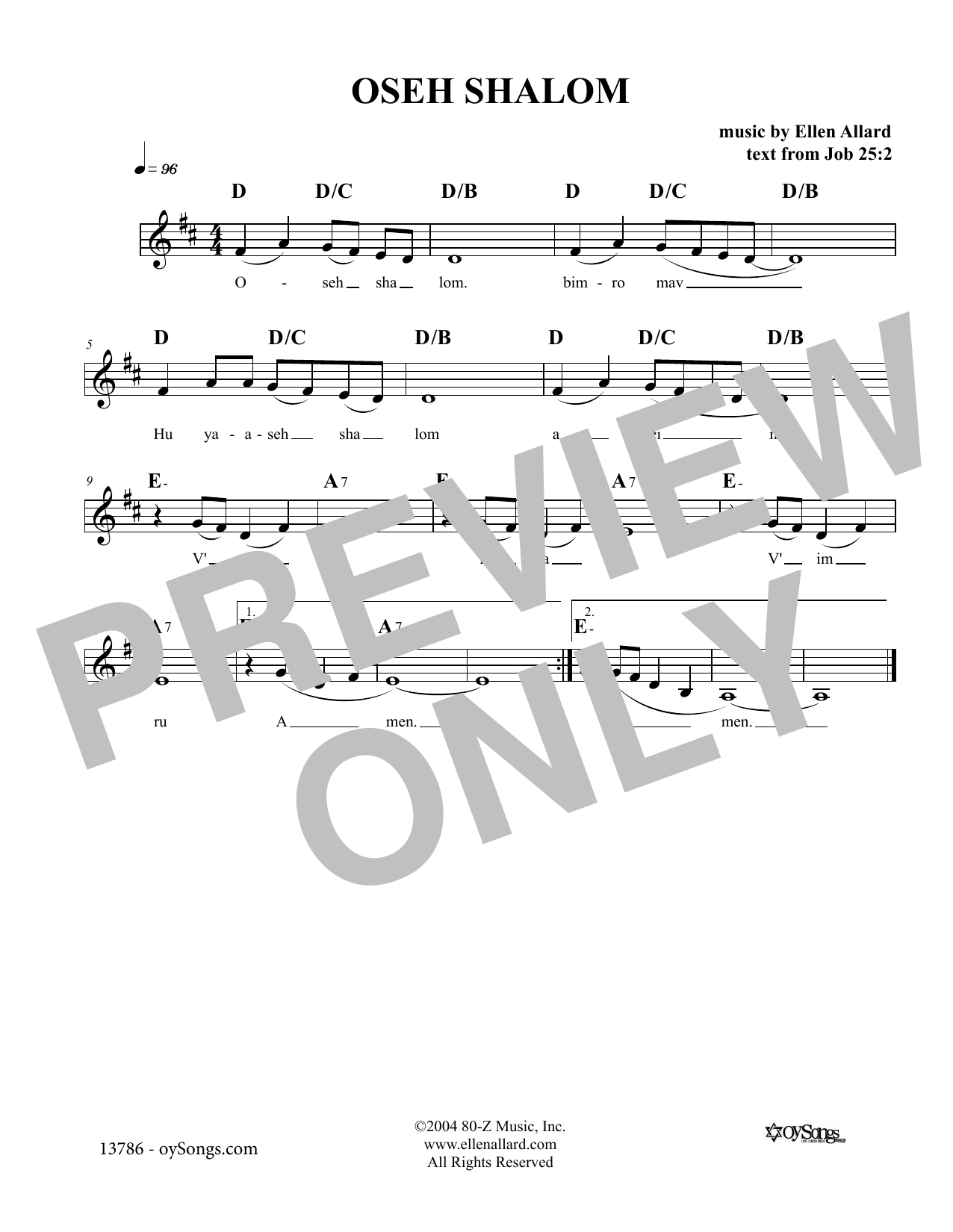 Download Ellen Allard Oseh Shalom Sheet Music and learn how to play Melody Line, Lyrics & Chords PDF digital score in minutes