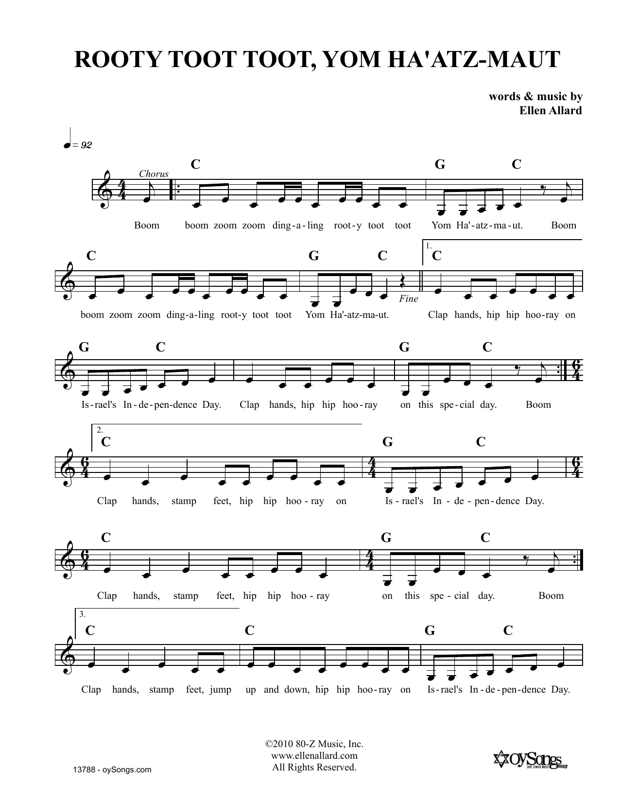 Download Ellen Allard Rooty Toot Toot Yom Haatzmaut Sheet Music and learn how to play Melody Line, Lyrics & Chords PDF digital score in minutes