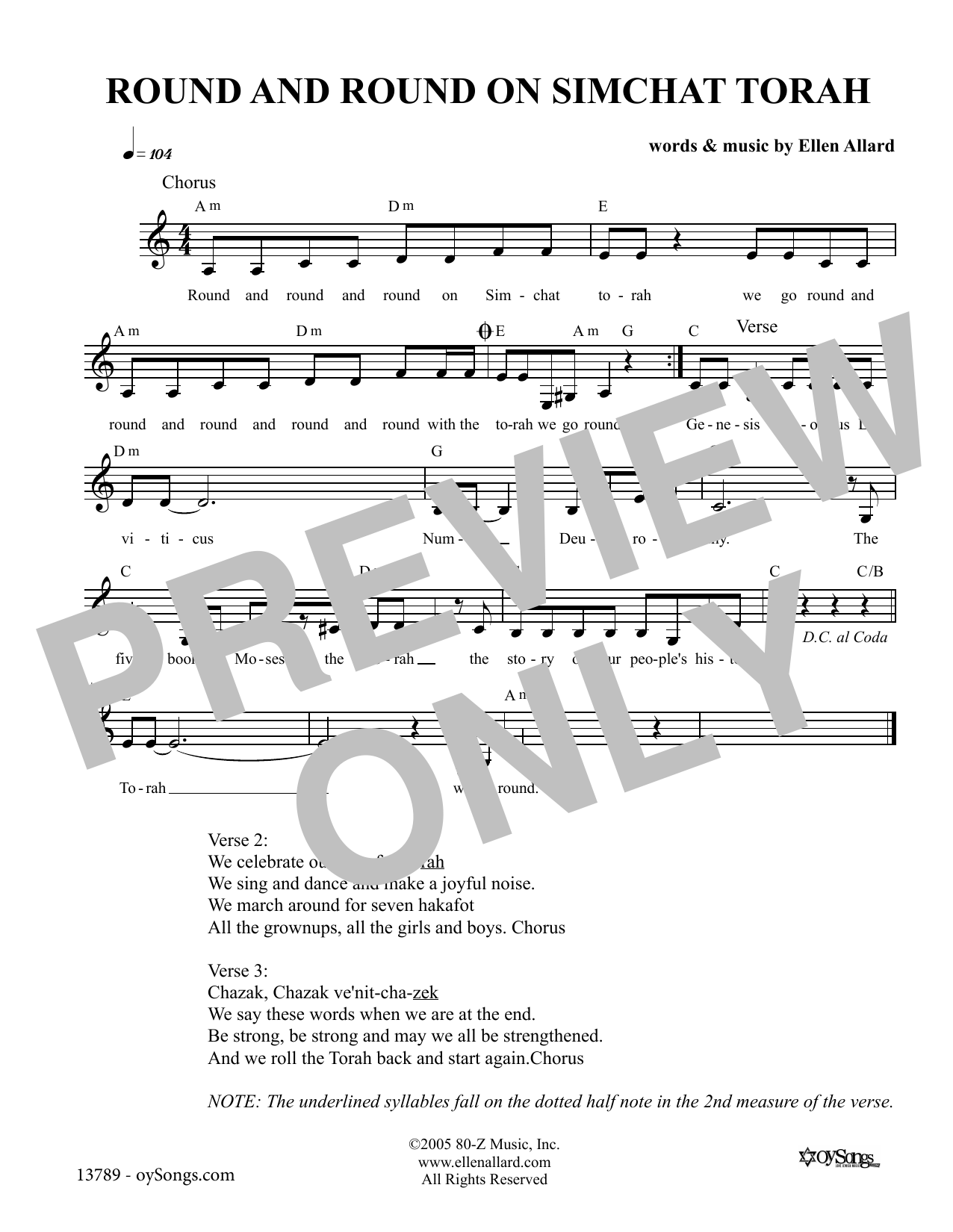 Download Ellen Allard Round and Round On Simchat Torah Sheet Music and learn how to play Melody Line, Lyrics & Chords PDF digital score in minutes