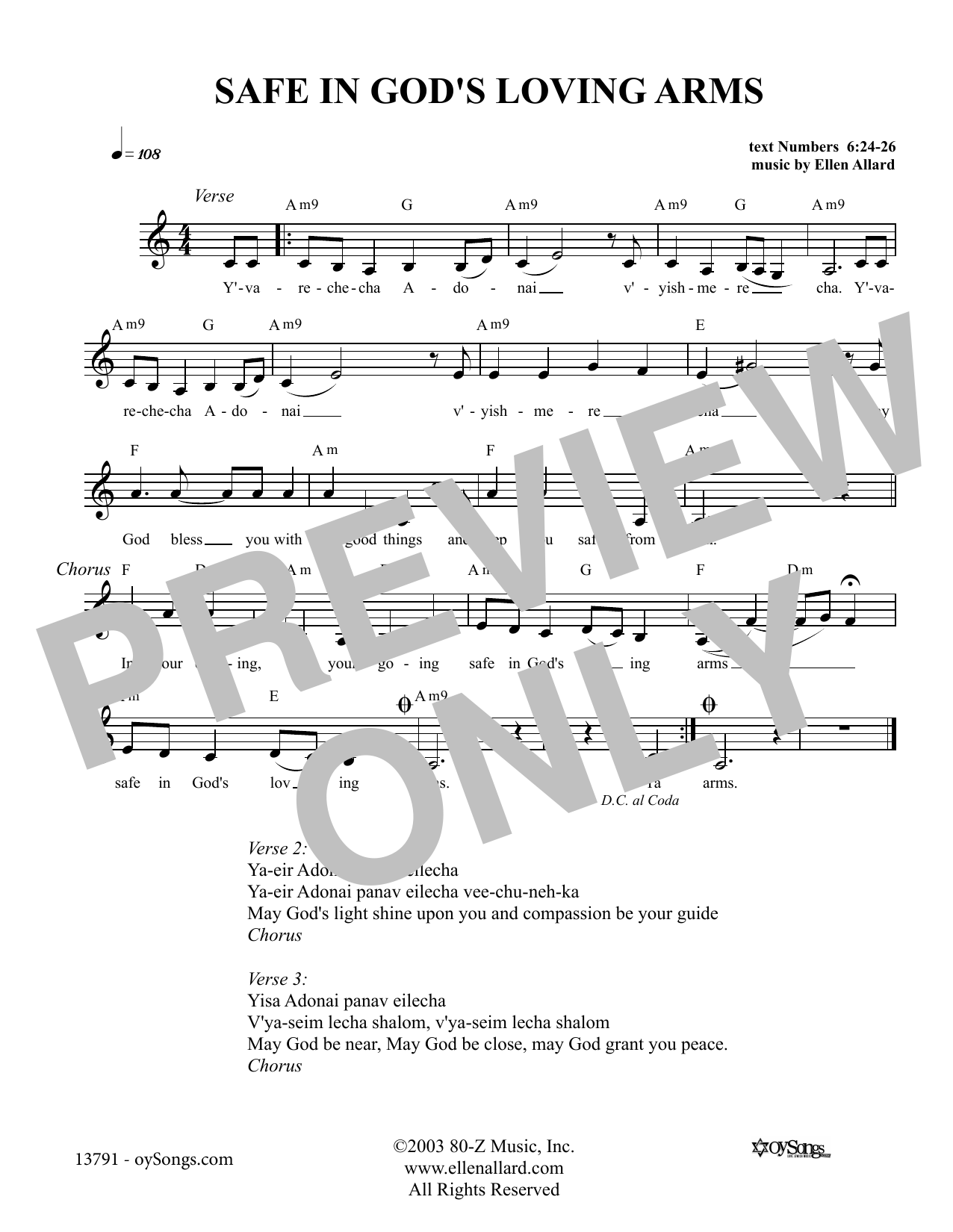 Download Ellen Allard Safe In God's Loving Arms Sheet Music and learn how to play Melody Line, Lyrics & Chords PDF digital score in minutes