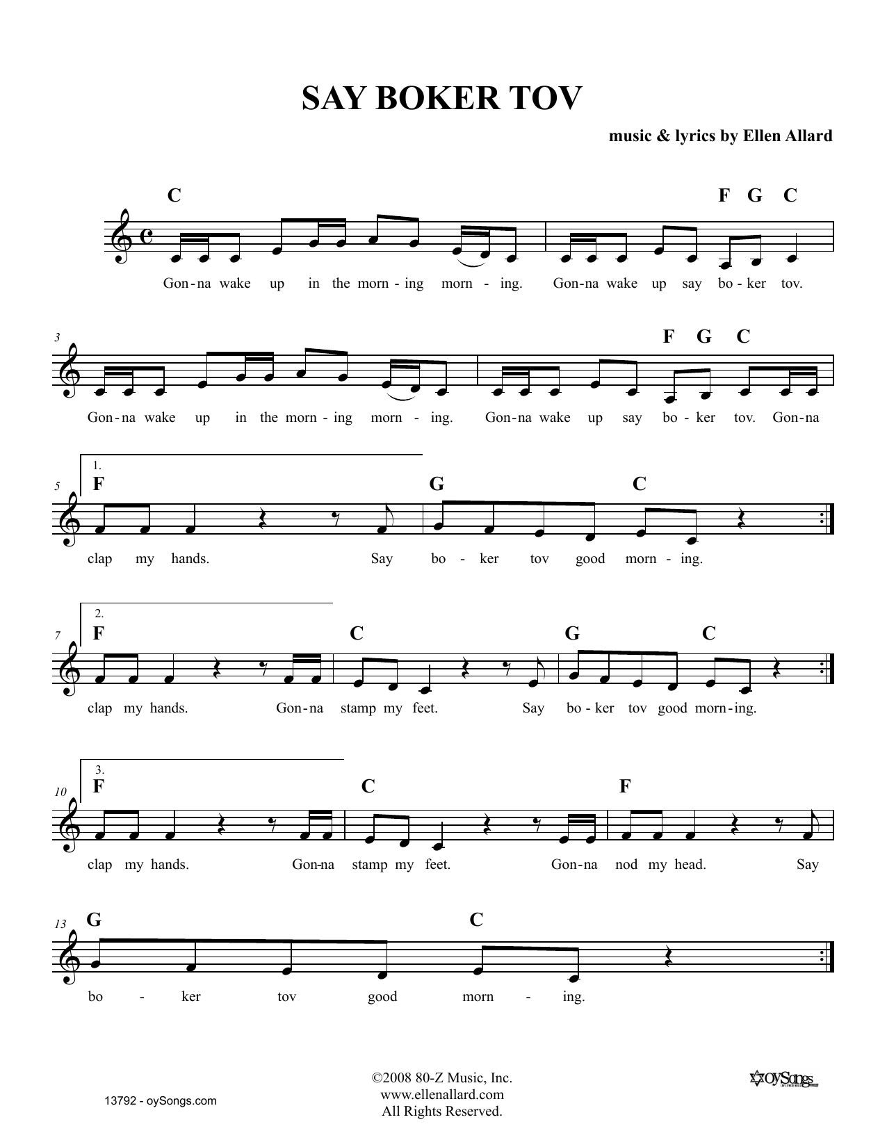 Download Ellen Allard Say Boker Tov Sheet Music and learn how to play Melody Line, Lyrics & Chords PDF digital score in minutes