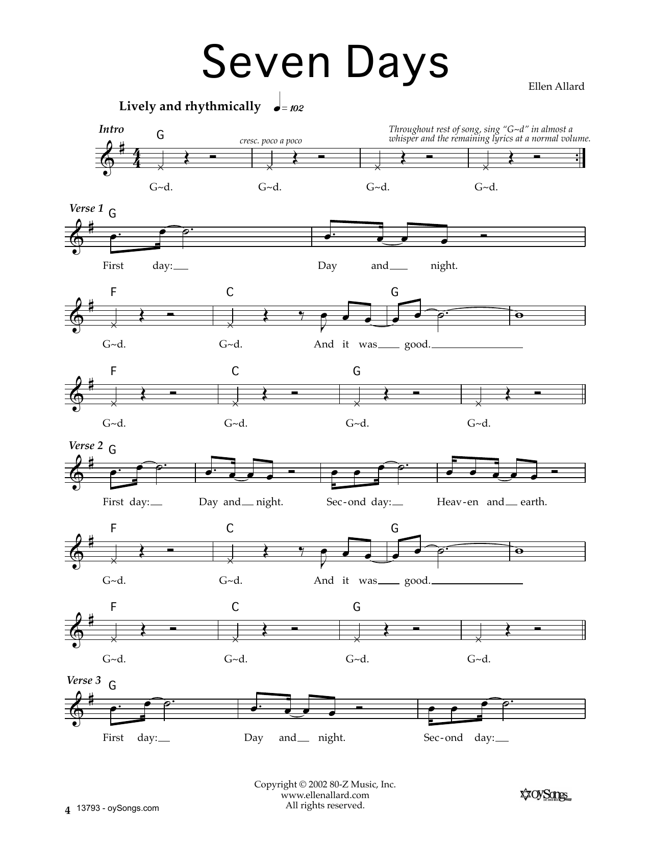 Download Ellen Allard Seven Days Sheet Music and learn how to play Melody Line, Lyrics & Chords PDF digital score in minutes