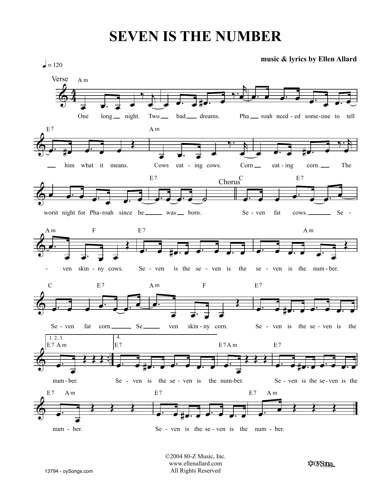Download Ellen Allard Seven Is The Number Sheet Music and learn how to play Melody Line, Lyrics & Chords PDF digital score in minutes