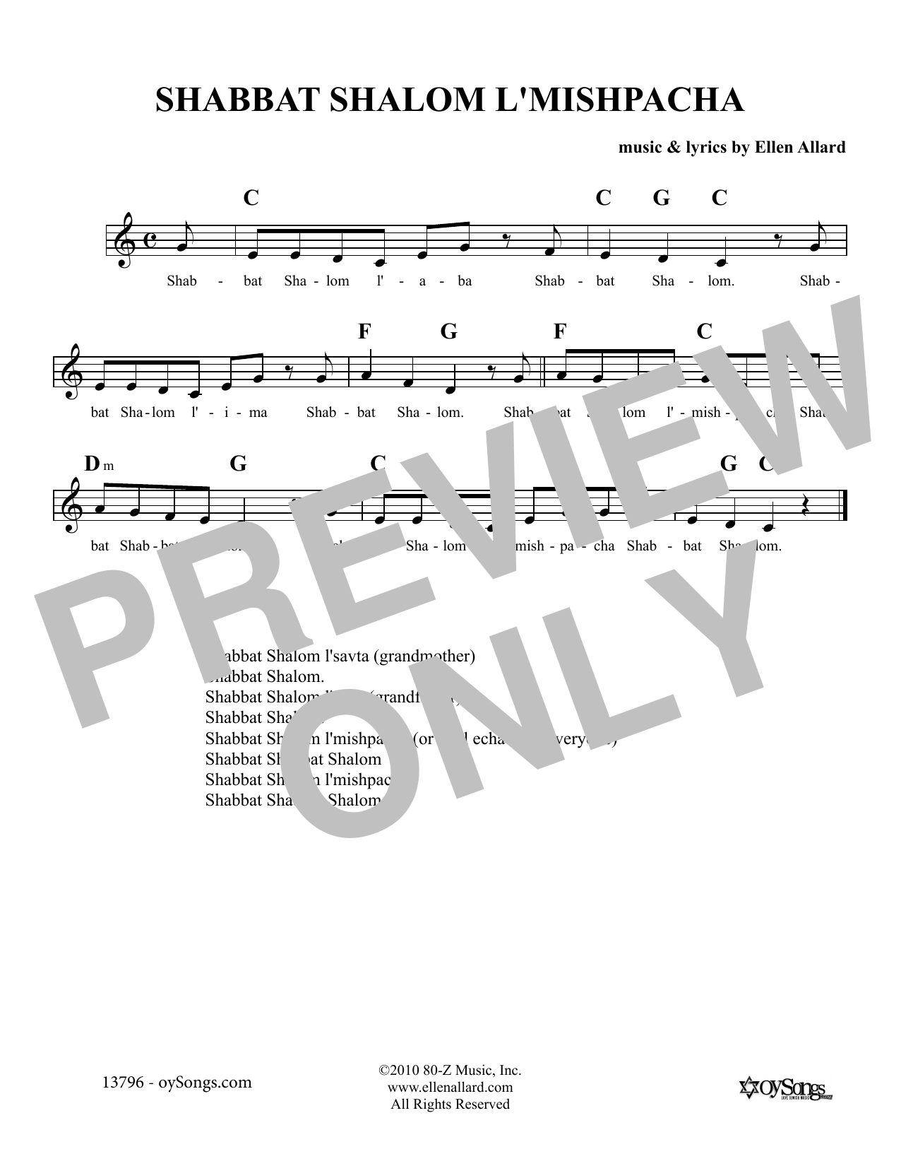 Download Ellen Allard Shabbat Shalom L'Mishpacha Sheet Music and learn how to play Melody Line, Lyrics & Chords PDF digital score in minutes