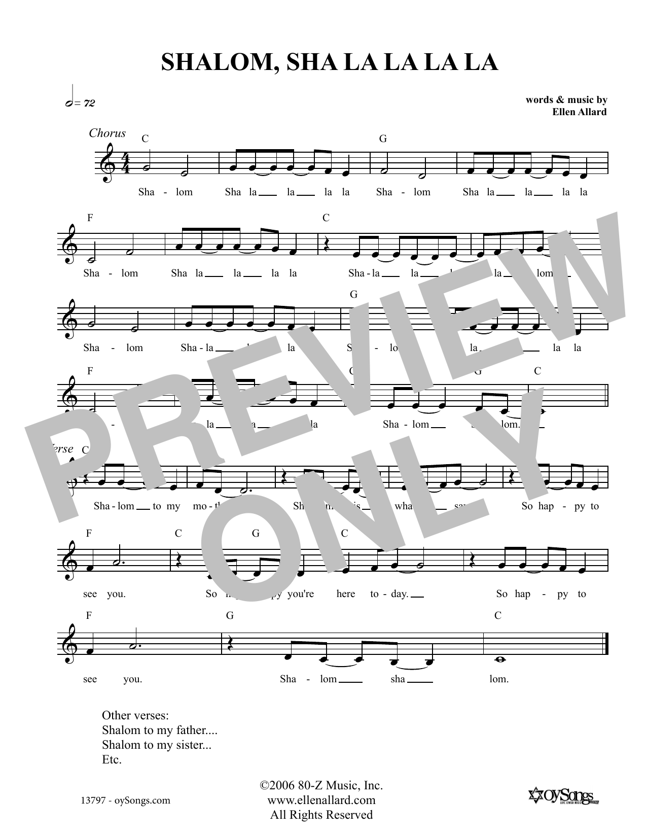 Download Ellen Allard Shalom Sha La La La Sheet Music and learn how to play Melody Line, Lyrics & Chords PDF digital score in minutes