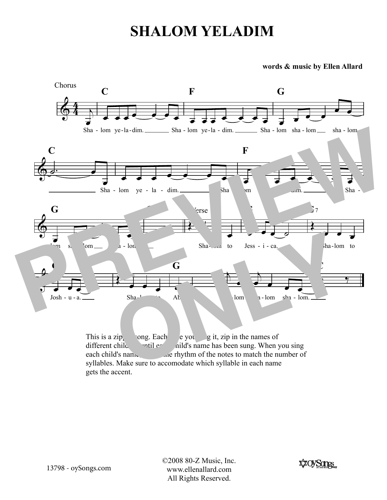 Download Ellen Allard Shalom Yeladim Sheet Music and learn how to play Melody Line, Lyrics & Chords PDF digital score in minutes