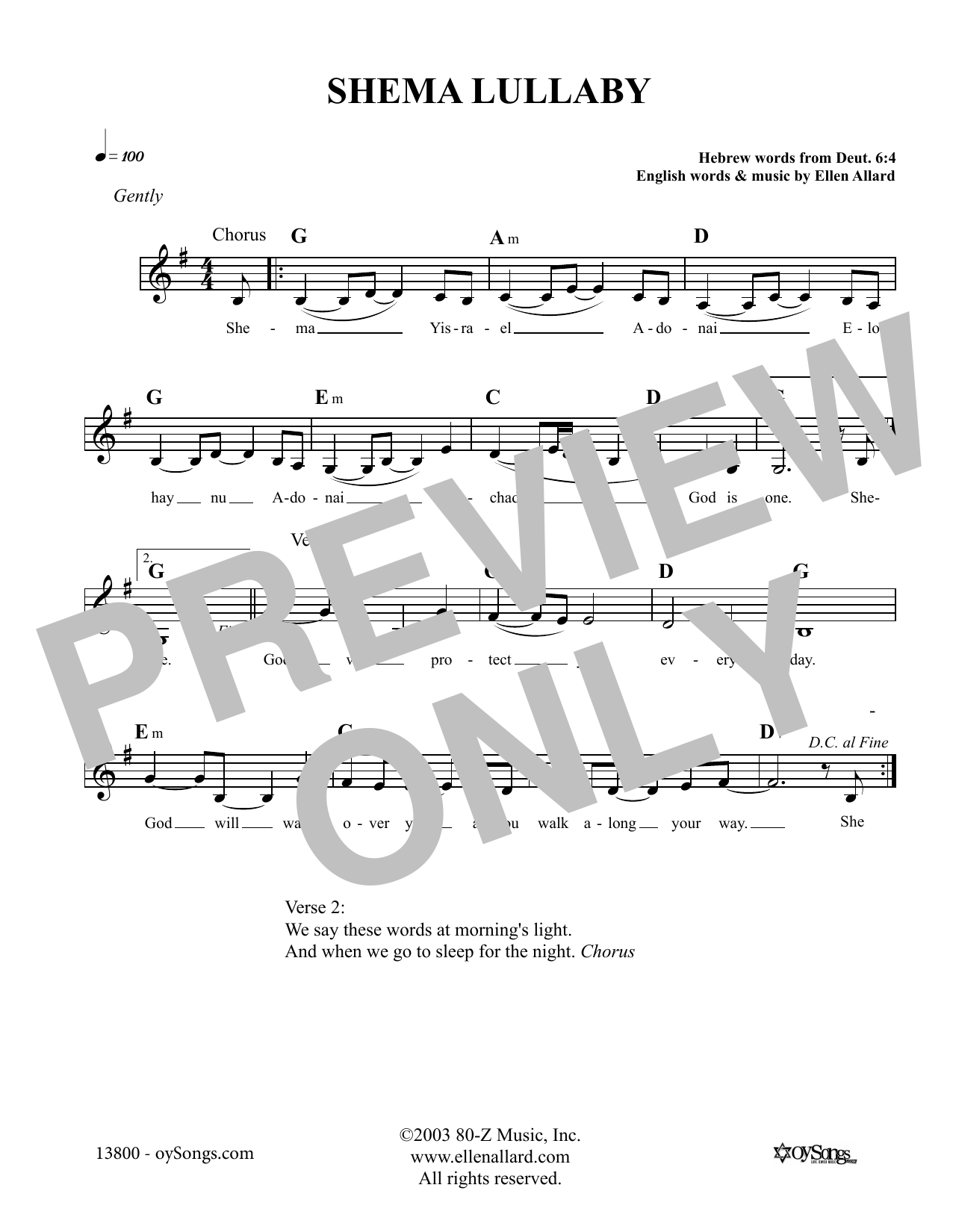 Download Ellen Allard Shema Lullaby Sheet Music and learn how to play Melody Line, Lyrics & Chords PDF digital score in minutes