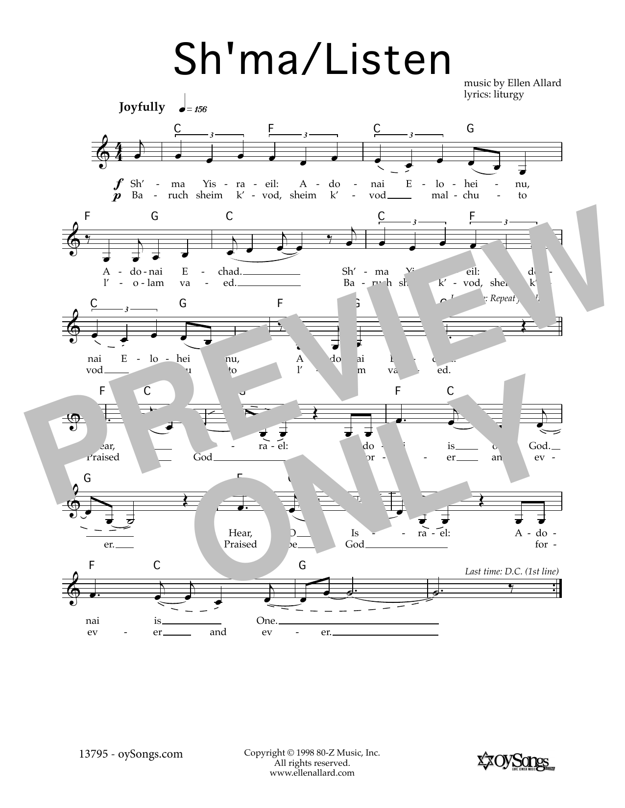 Download Ellen Allard Sh'ma-Listen Sheet Music and learn how to play Melody Line, Lyrics & Chords PDF digital score in minutes