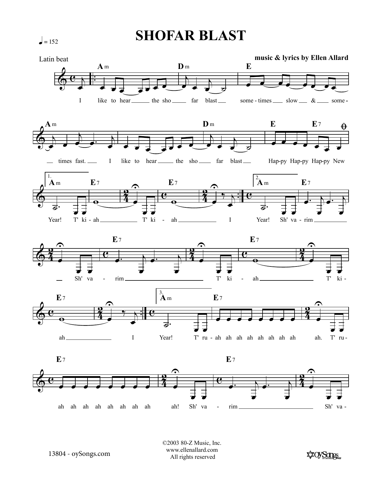 Download Ellen Allard Shofar Blast Sheet Music and learn how to play Melody Line, Lyrics & Chords PDF digital score in minutes