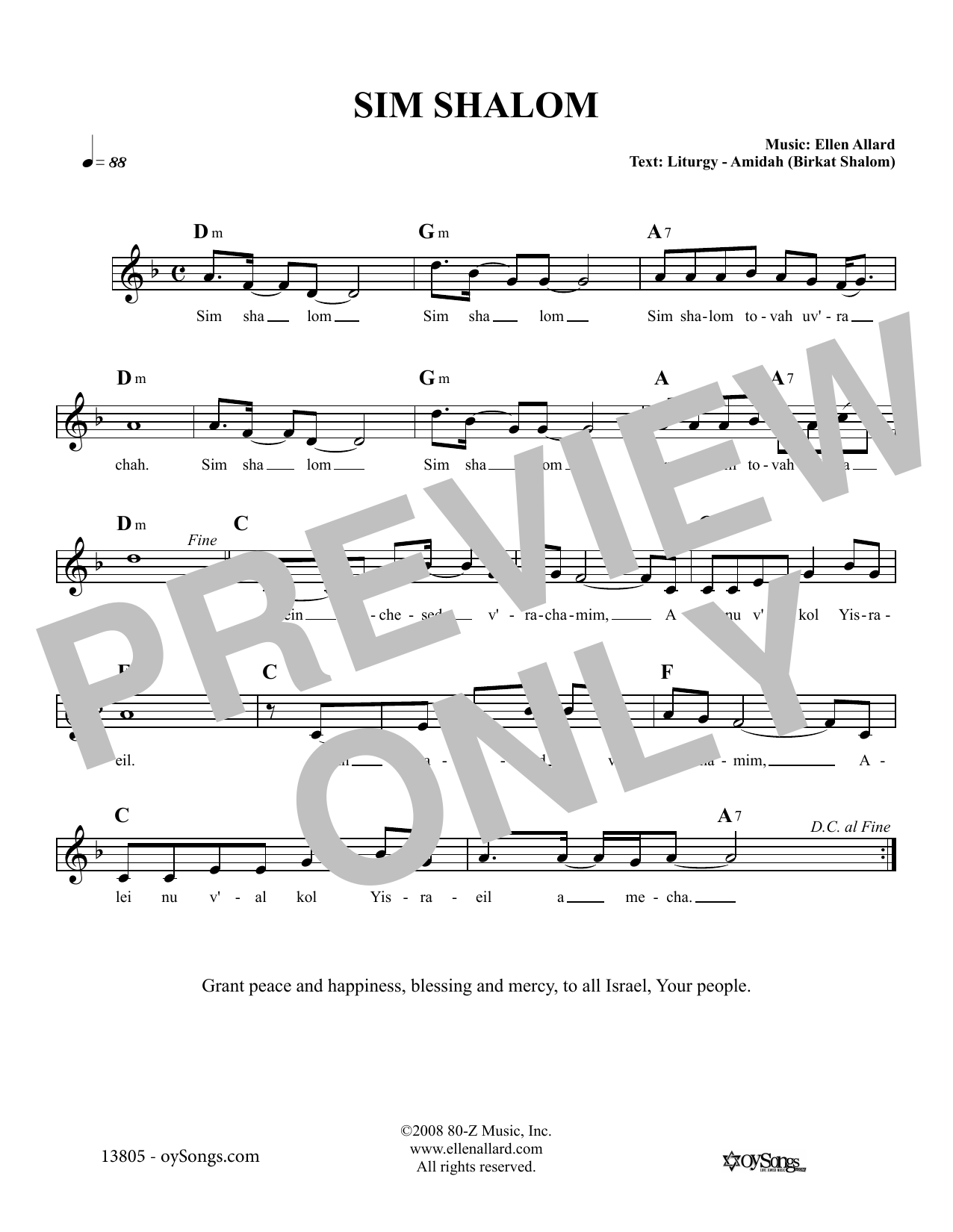 Download Ellen Allard Sim Shalom Sheet Music and learn how to play Melody Line, Lyrics & Chords PDF digital score in minutes