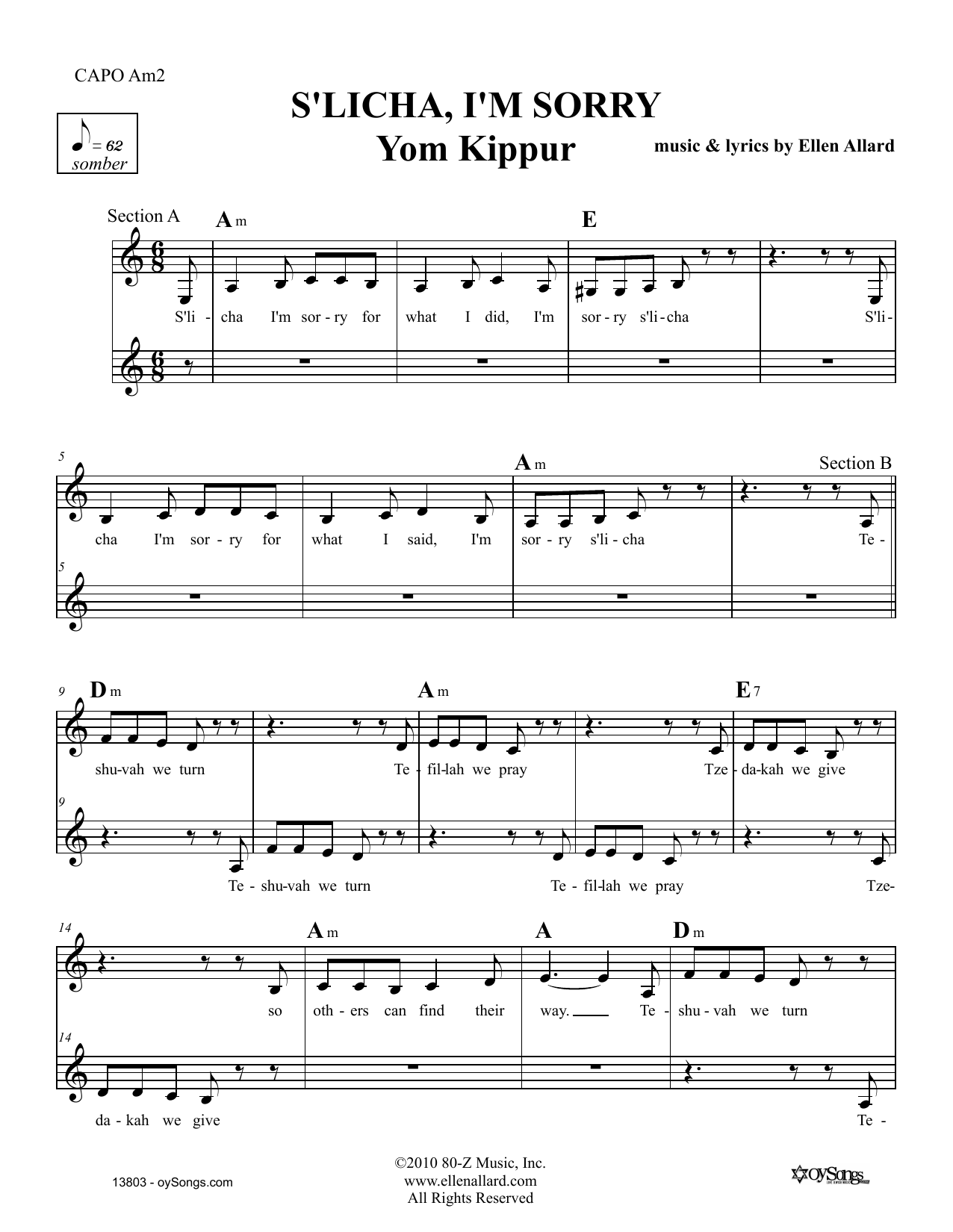 Download Ellen Allard S'licha I'm Sorry Sheet Music and learn how to play Melody Line, Lyrics & Chords PDF digital score in minutes