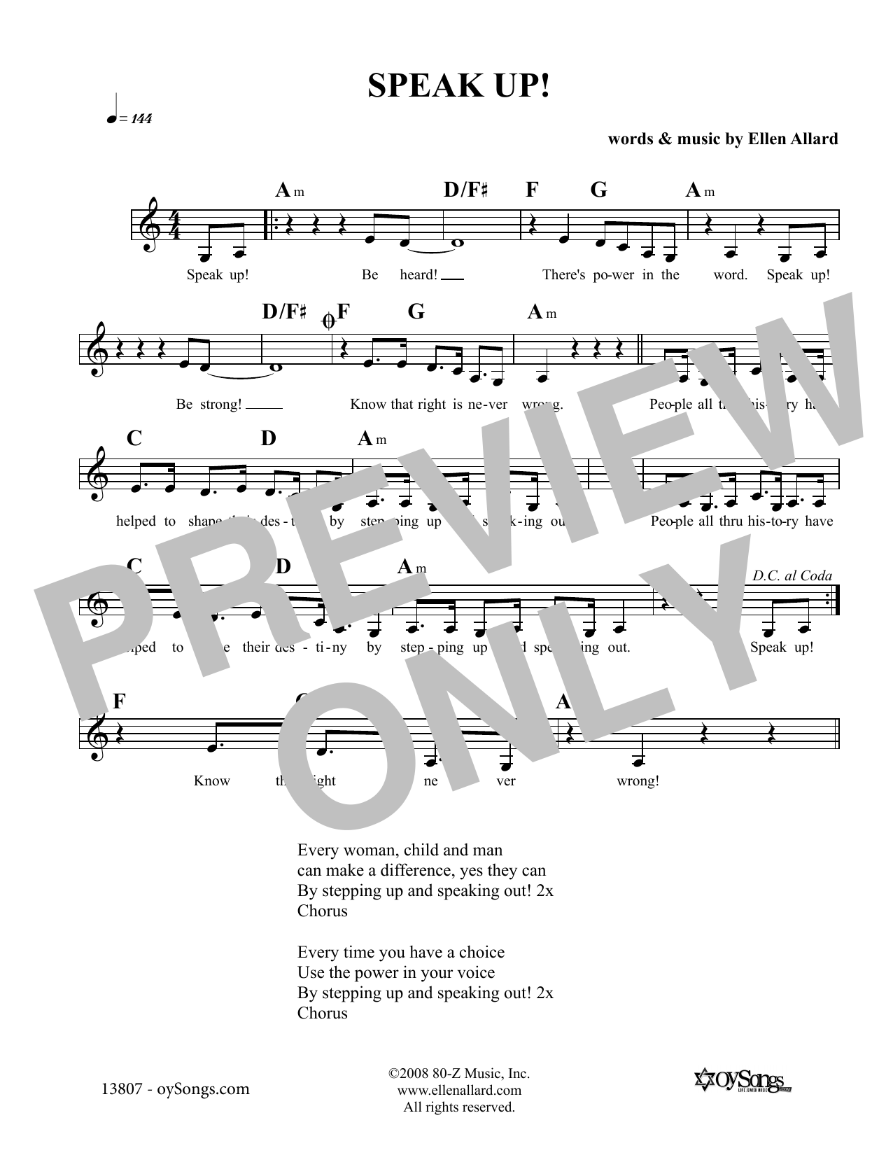 Download Ellen Allard Speak Up Sheet Music and learn how to play Melody Line, Lyrics & Chords PDF digital score in minutes