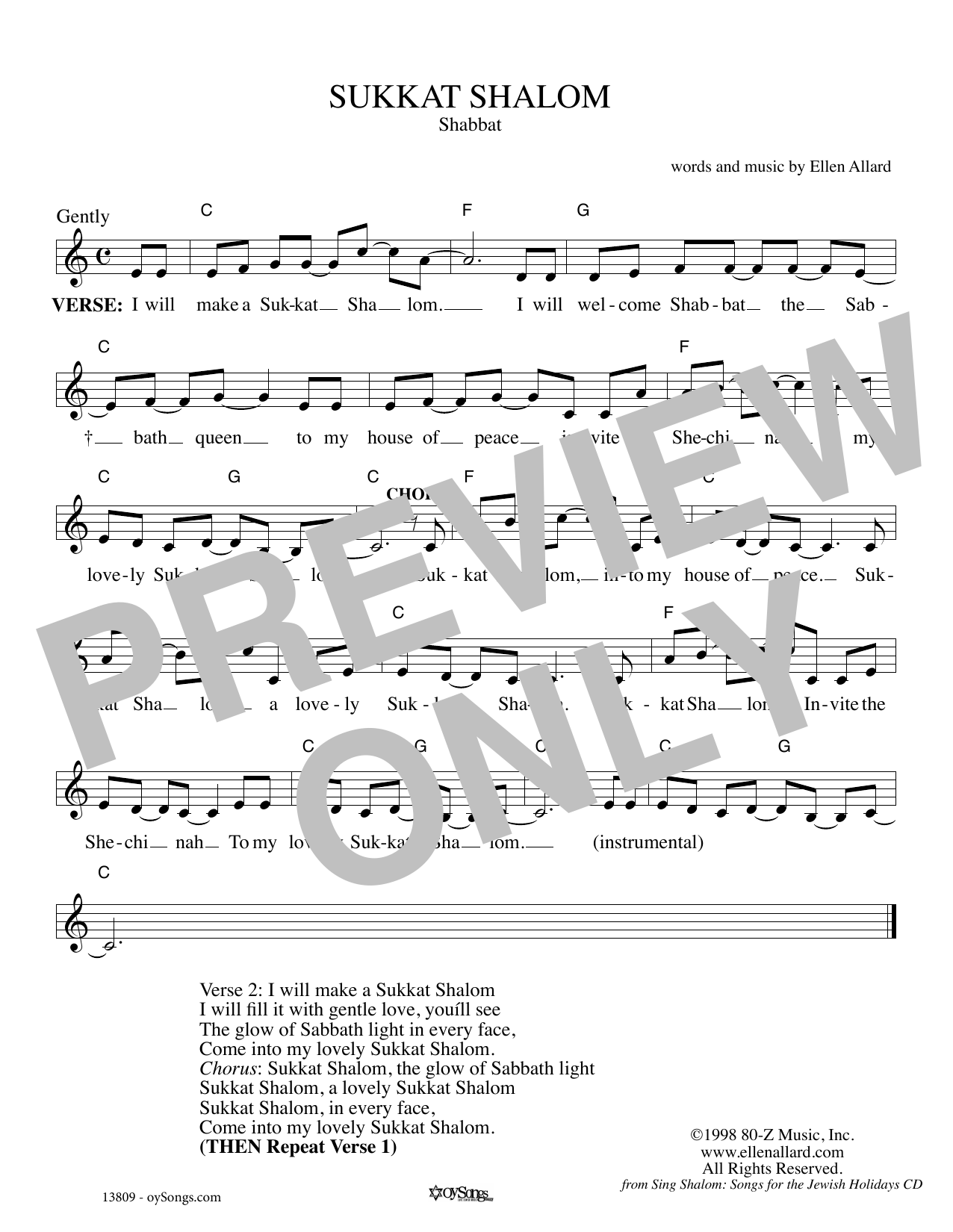 Download Ellen Allard Sukkat Shalom Sheet Music and learn how to play Melody Line, Lyrics & Chords PDF digital score in minutes
