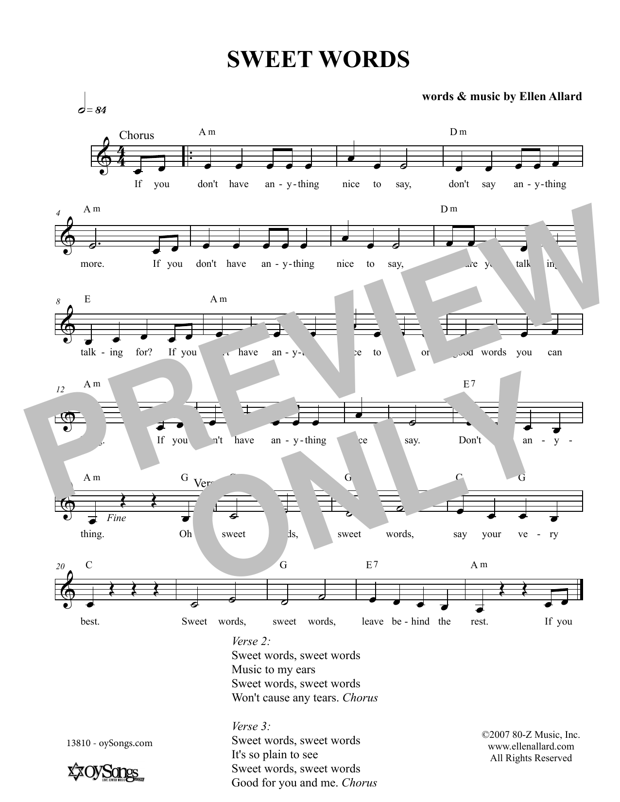 Download Ellen Allard Sweet Words Sheet Music and learn how to play Melody Line, Lyrics & Chords PDF digital score in minutes