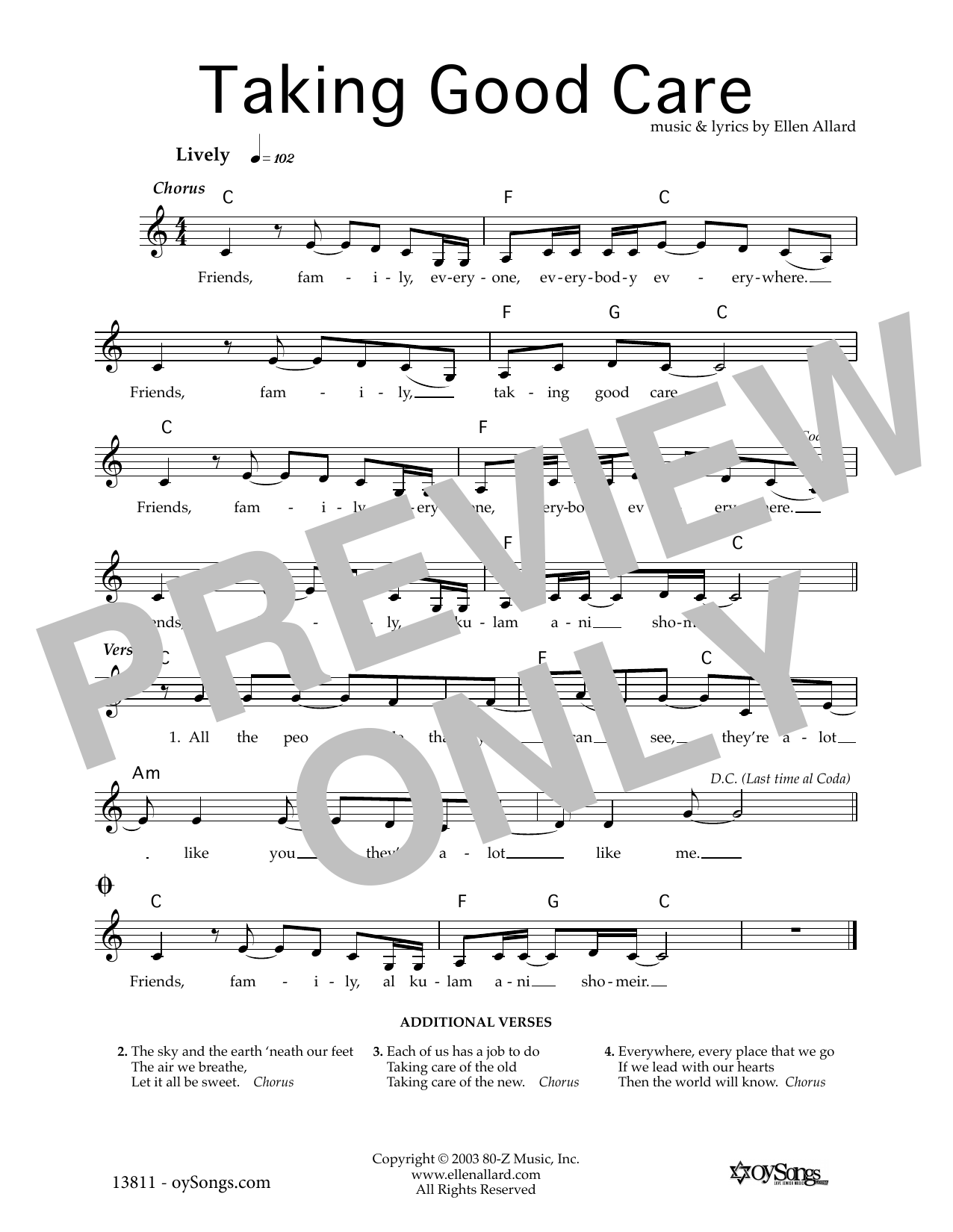 Download Ellen Allard Taking Good Care Sheet Music and learn how to play Melody Line, Lyrics & Chords PDF digital score in minutes