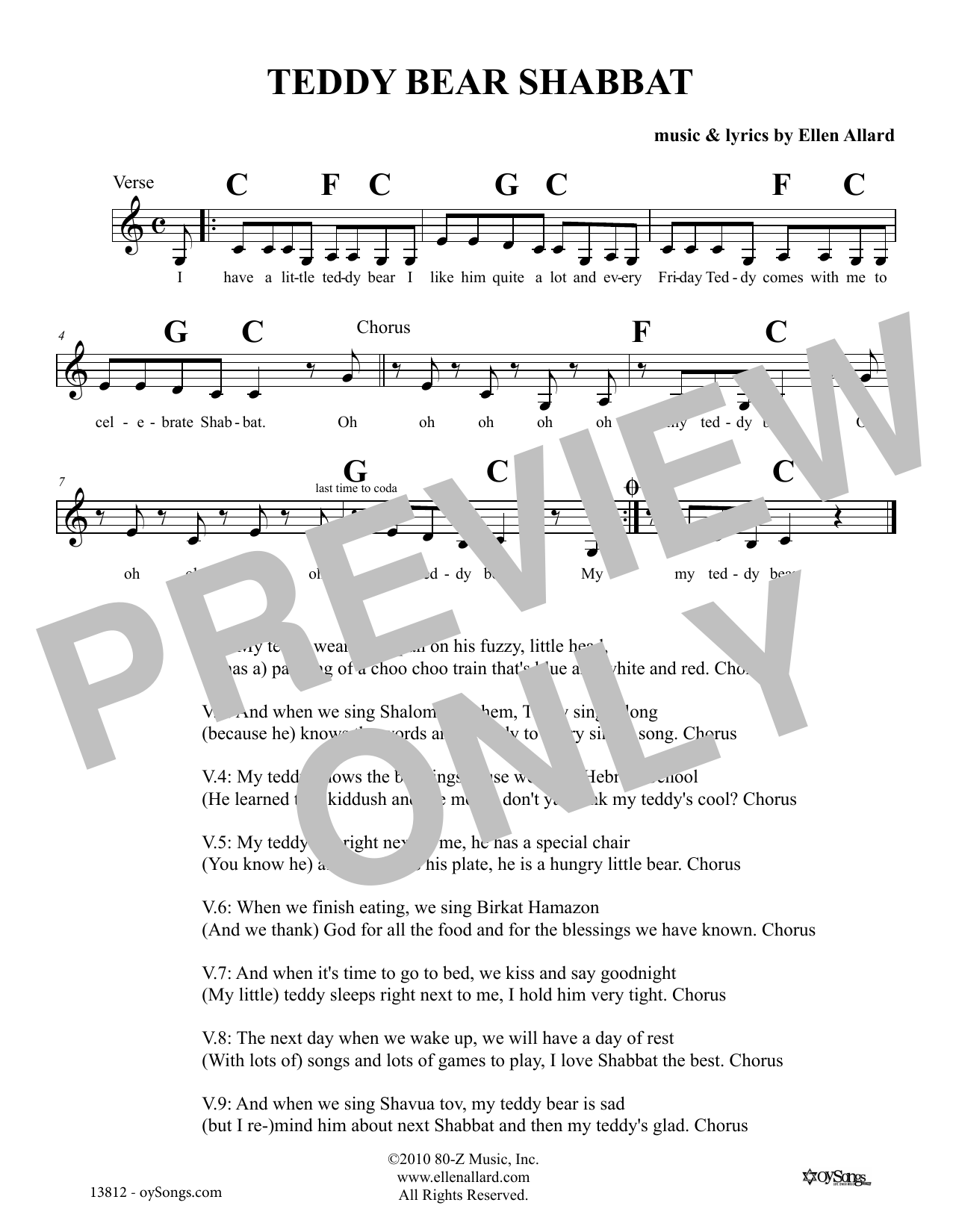 Download Ellen Allard Teddy Bear Shabbat Sheet Music and learn how to play Melody Line, Lyrics & Chords PDF digital score in minutes