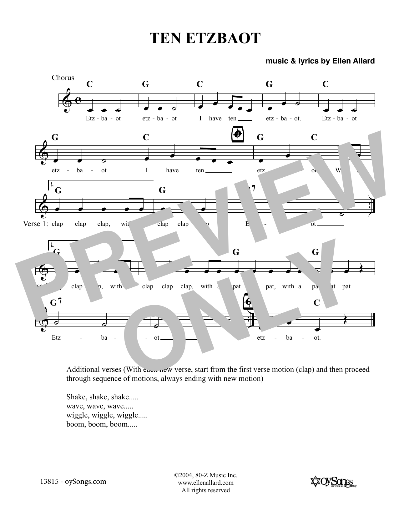 Download Ellen Allard Ten Etzbaot Sheet Music and learn how to play Melody Line, Lyrics & Chords PDF digital score in minutes
